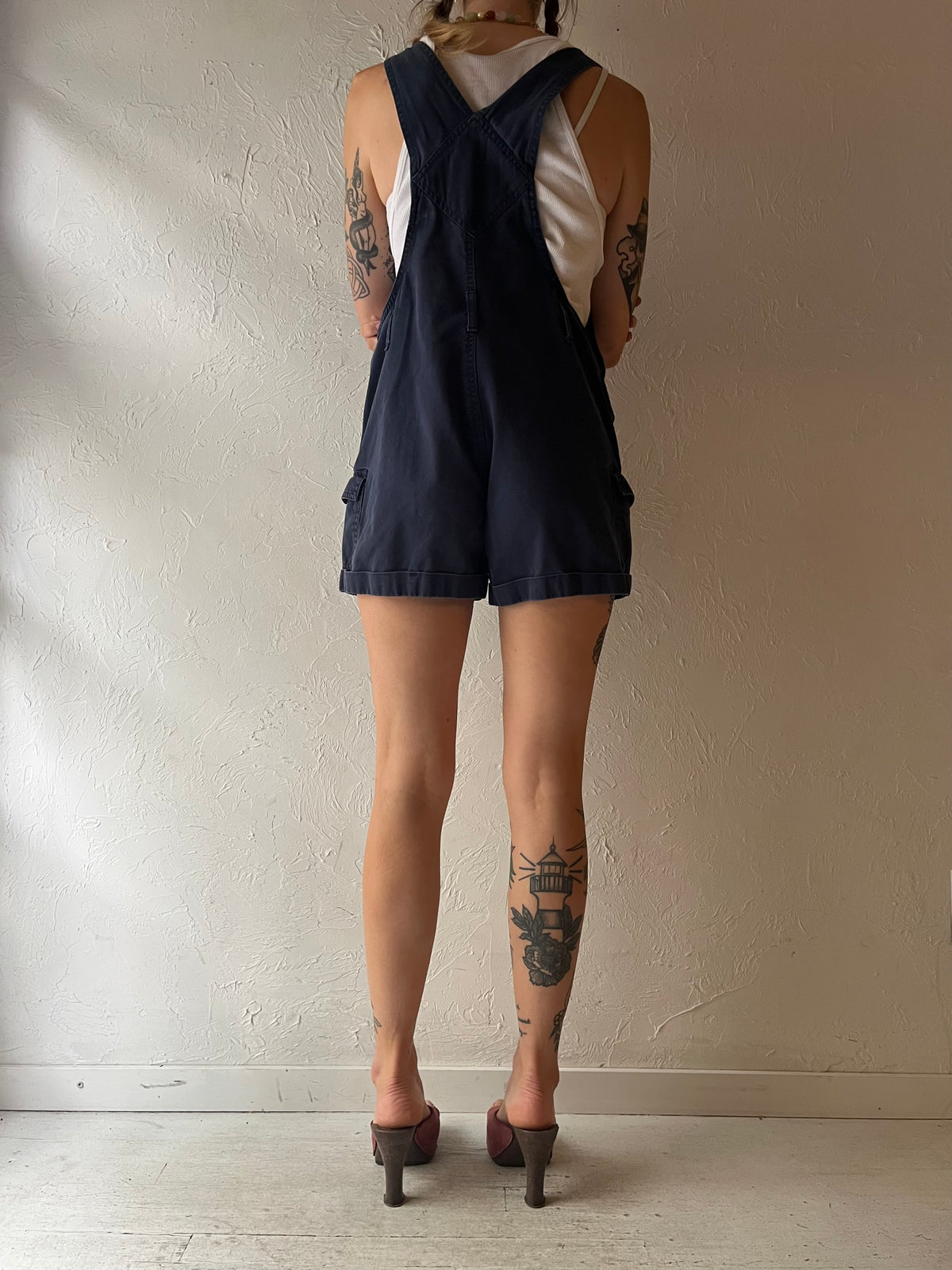 90s 'Revolt' Navy Blue Cotton Denim Dungarees Workwear Grunge Overall Shorts / Small - Medium