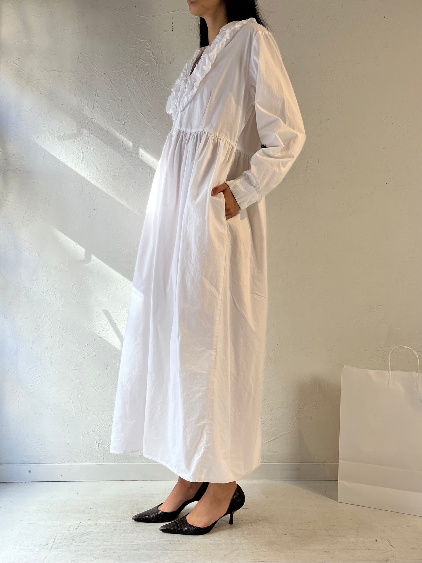 Y2K ‘Dressed in White’ Long Sleeve White Cotton Dress / XL