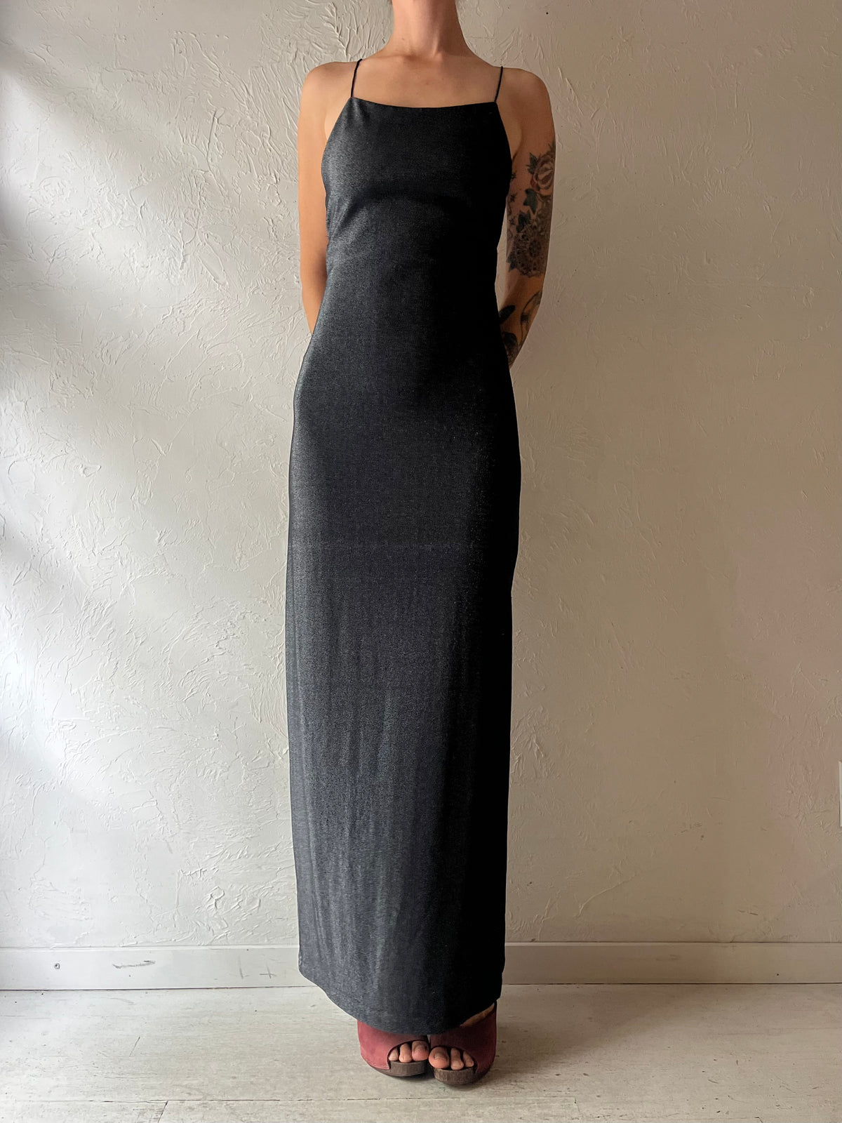 Y2k 'City Triangle' Black Sparkly Metallic Bodycon Evening Gown Minimalist Goth Party Maxi Dress / Small