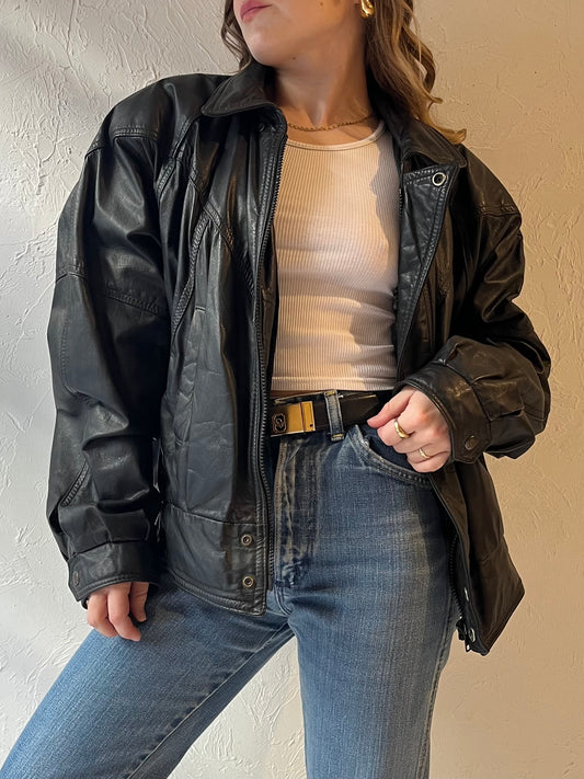 90s 'Leather Ranch' Black Leather Jacket / Small