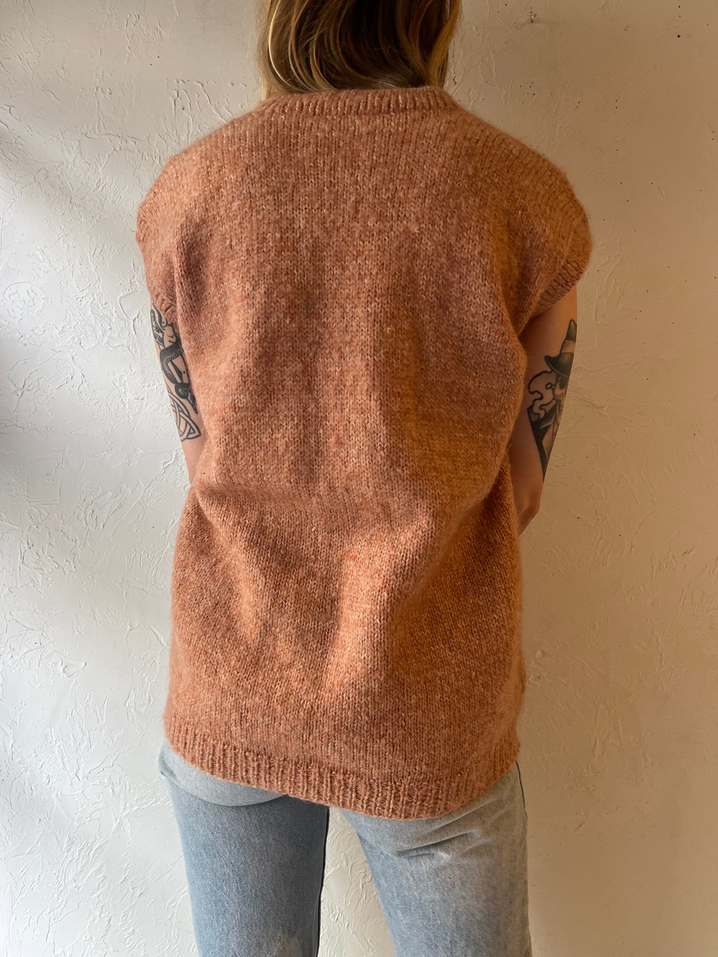 Vintage Hand Knit Pink Wool Vest / Medium