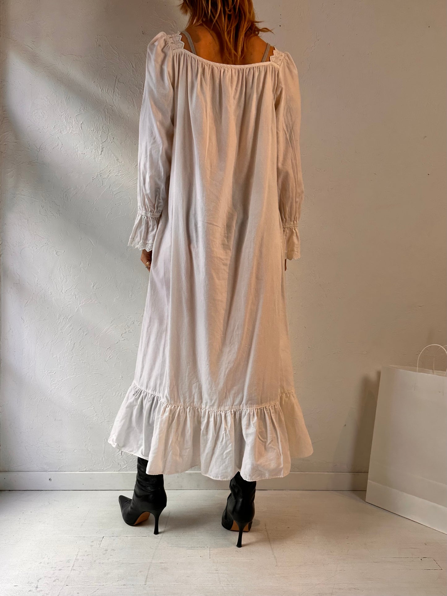 Y2k 'Victoria Secret' White Long Sleeve Cotton Dress / Small