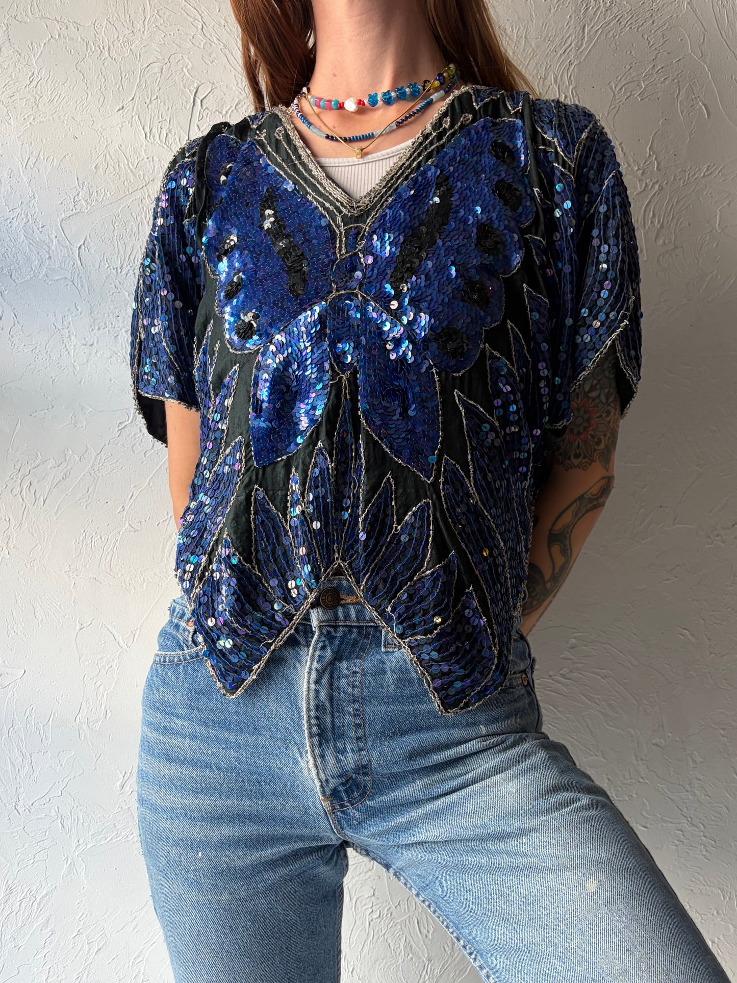90s 'Paradise' Blue Butterfly Sequin Vintage Boho Festival Retro Y2K Whimsical Top / Small