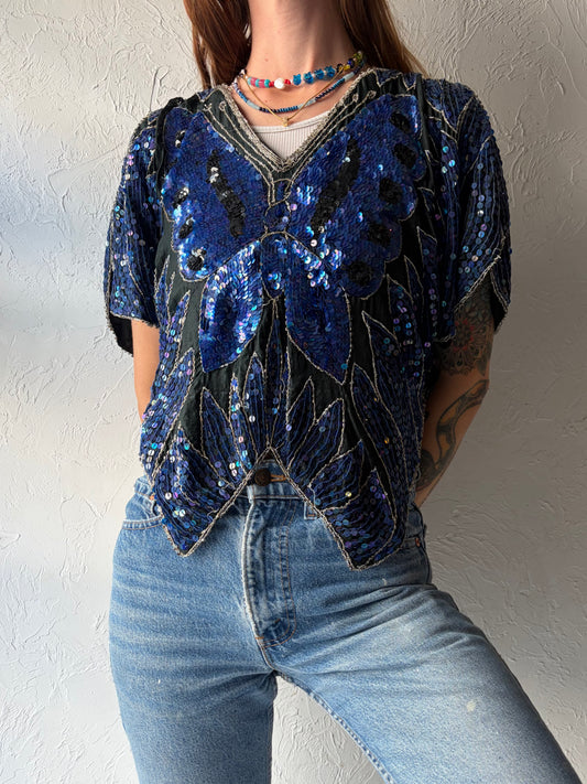 90s 'Paradise' Blue Butterfly Sequin Vintage Boho Festival Retro Y2K Whimsical Top / Small