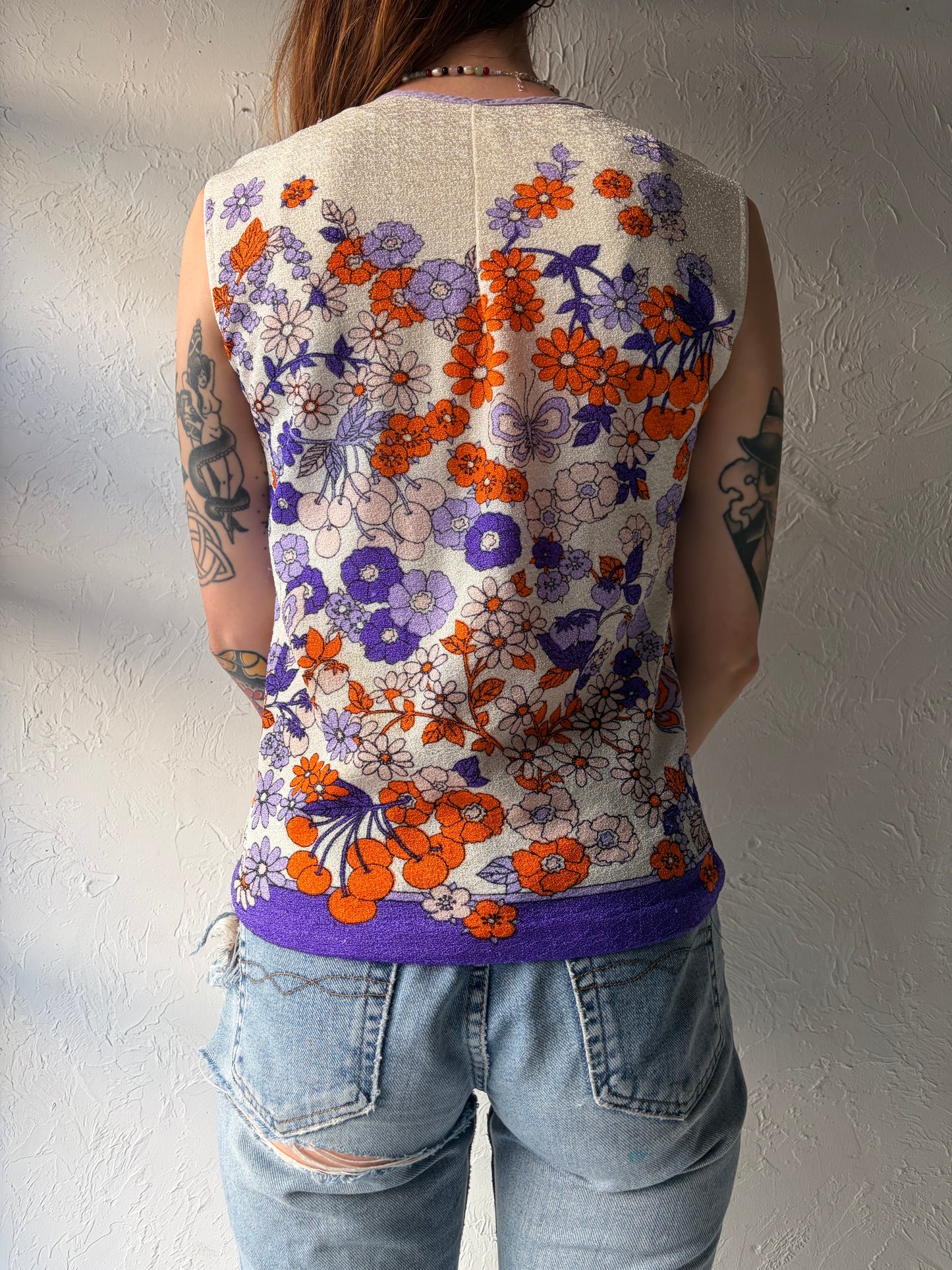 Vintage 1970s Retro Print Knit Sleeveless Top / Medium