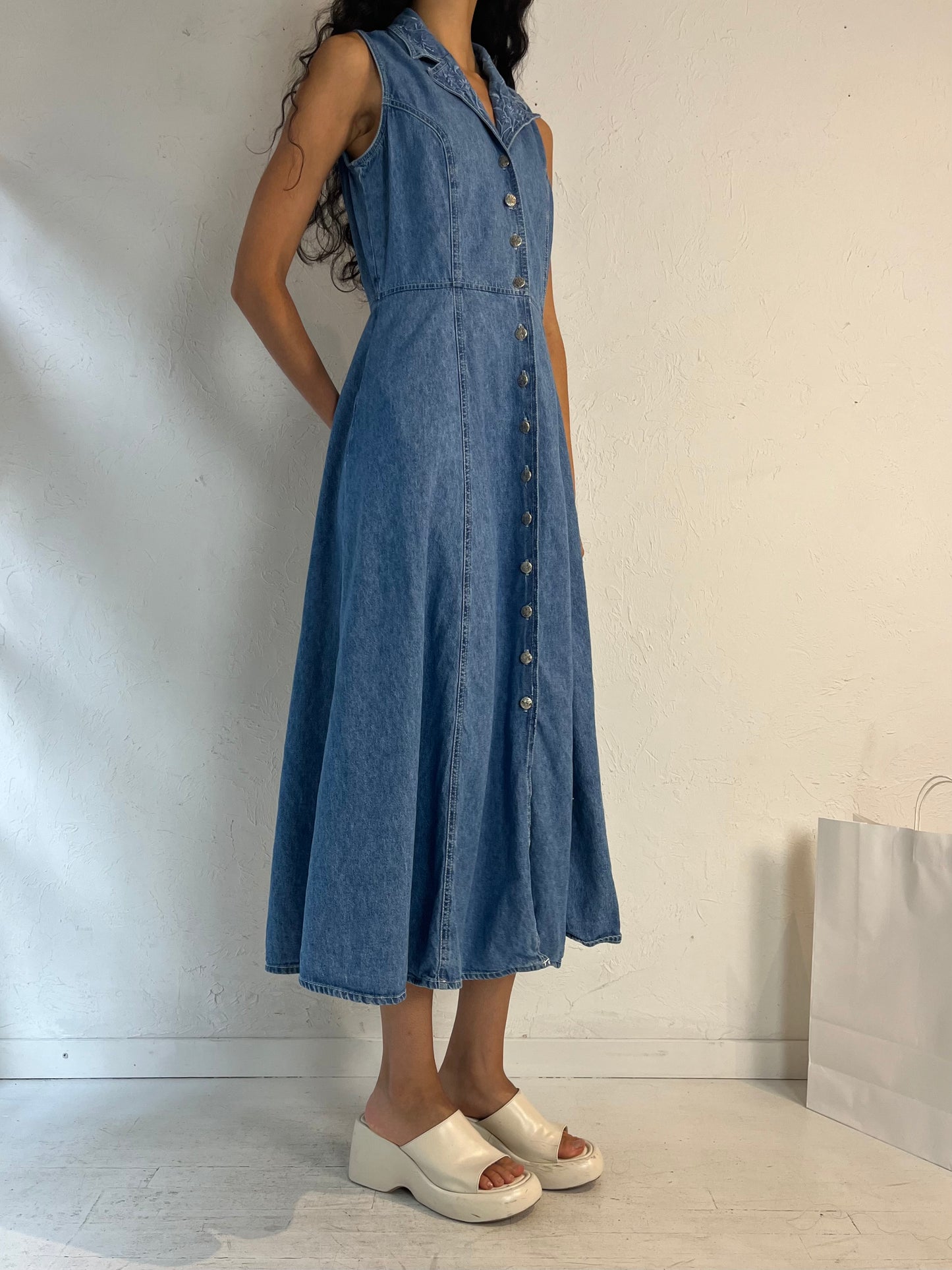 90s 'Cartise' Button Up Denim Maxi Dress / Medium