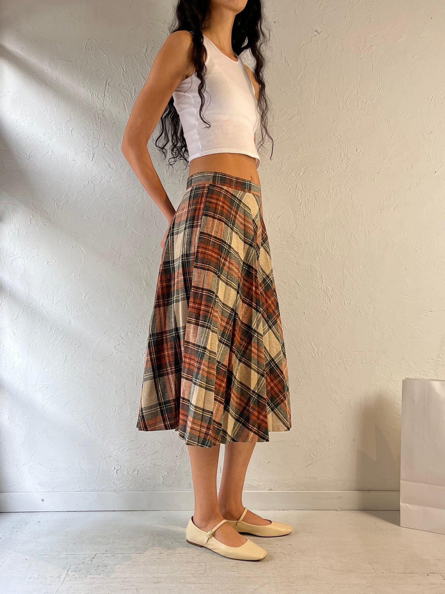 Vintage Plaid Wool Knit Midi Skirt / Medium