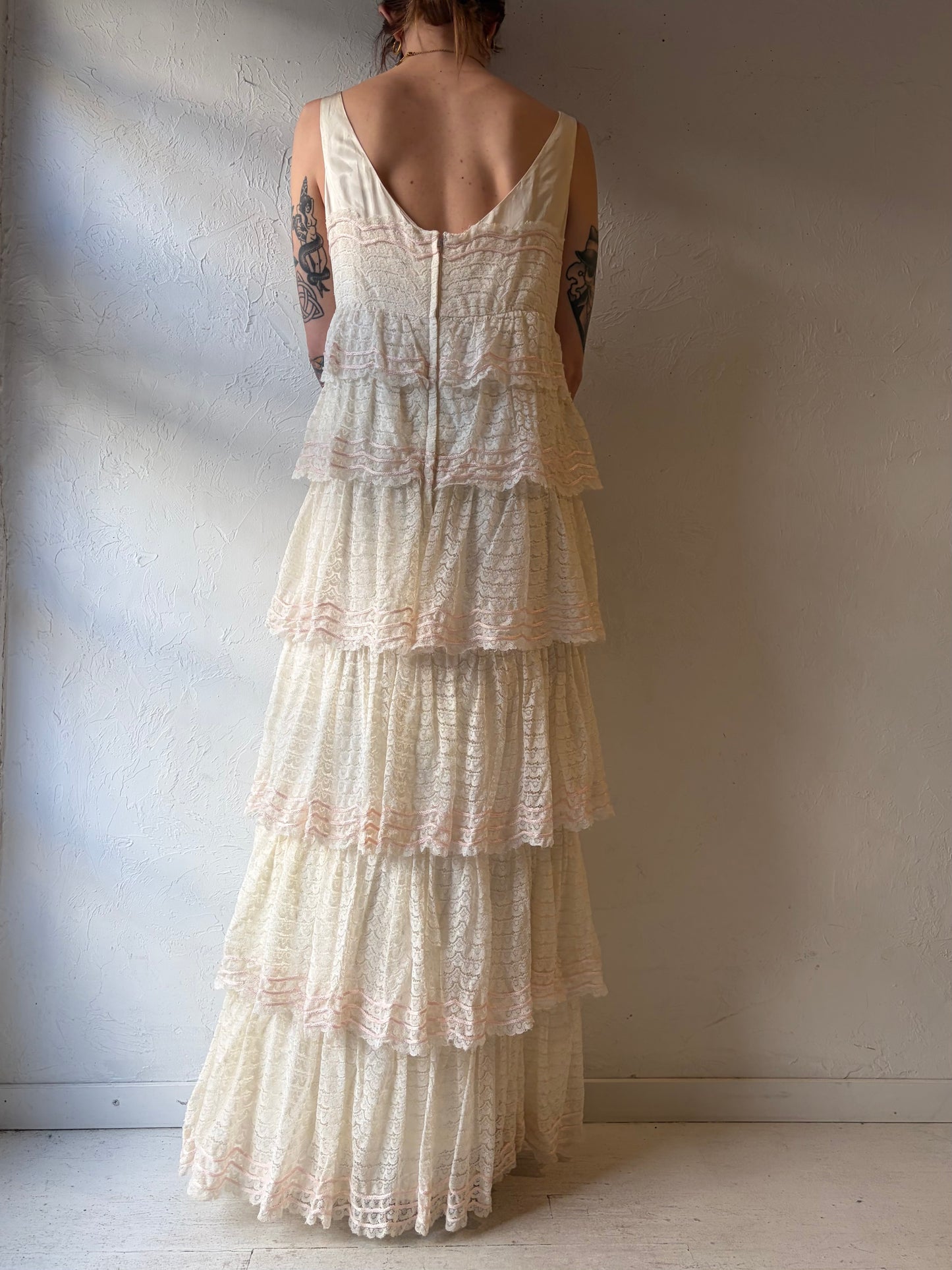 Vintage Tiered Lace Maxi Dress / Medium