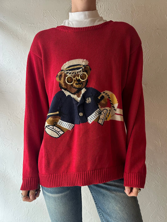 90s 'Susan Bristol' Red Teddy Bear Knit Sweater /  Medium