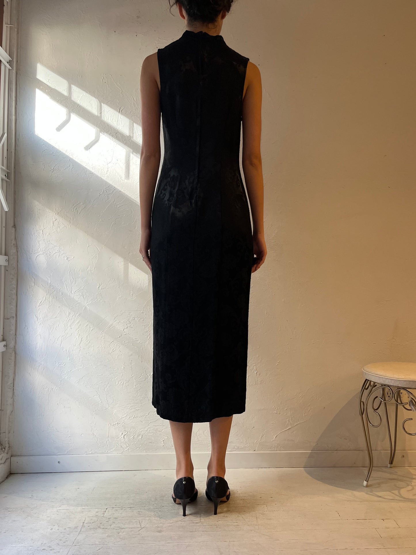 90s 'Le Chateau' Black Silky Brocade Dress / Medium