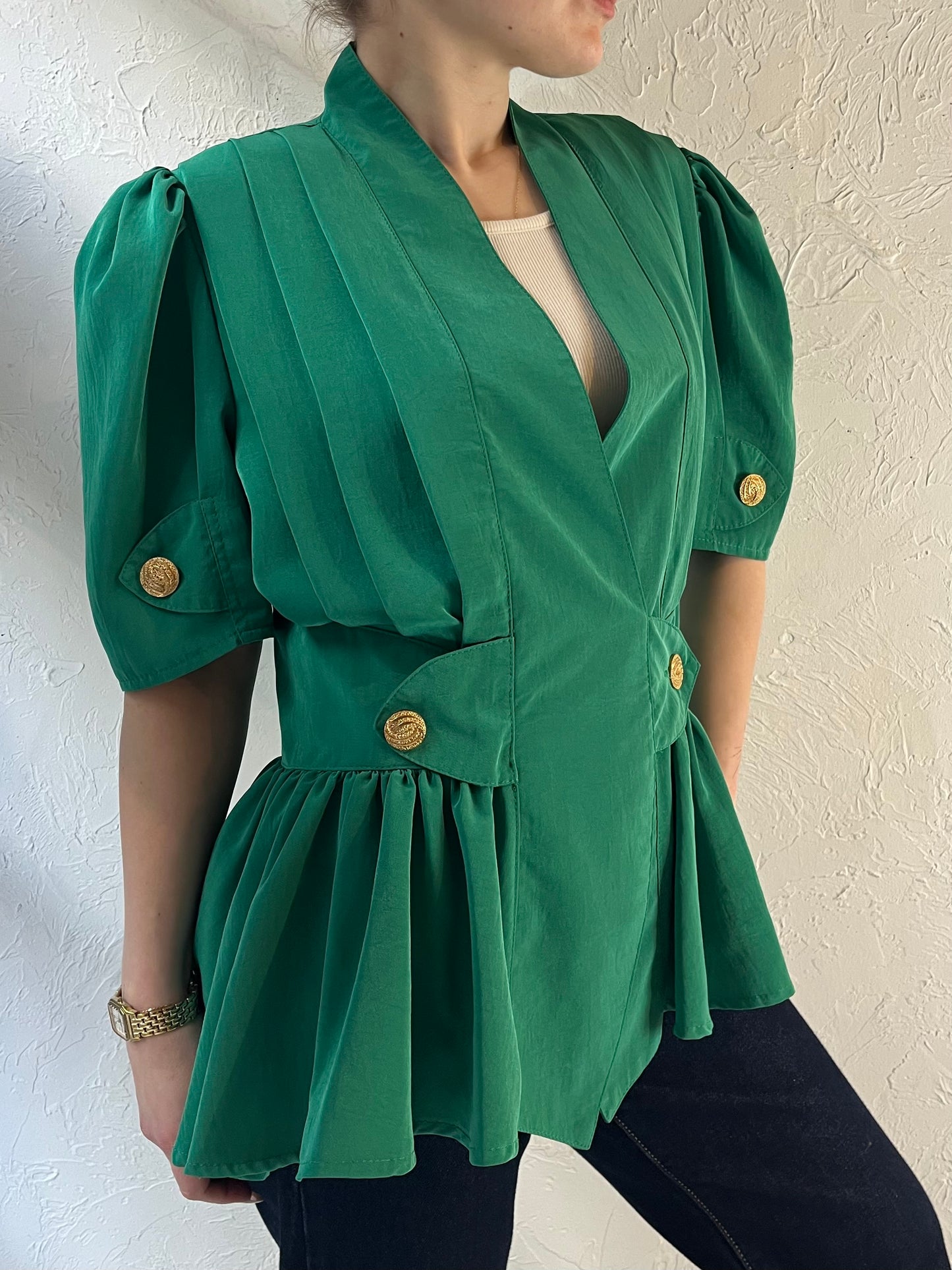 80s ‘Tazzia’ Green Ruffle Blouse / Medium