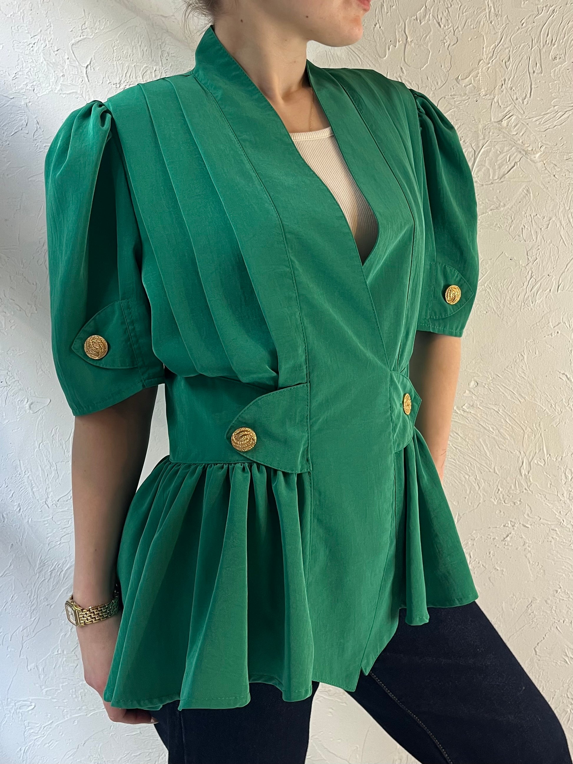 80s ‘Tazzia’ Green Ruffle Blouse / Medium