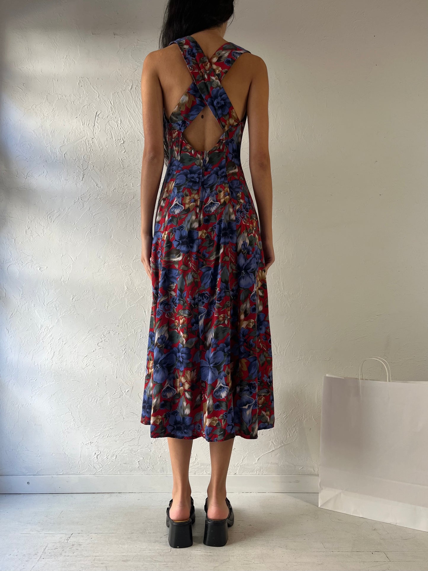 90s 'All That Jazz' Blue Floral Print Dress / Medium