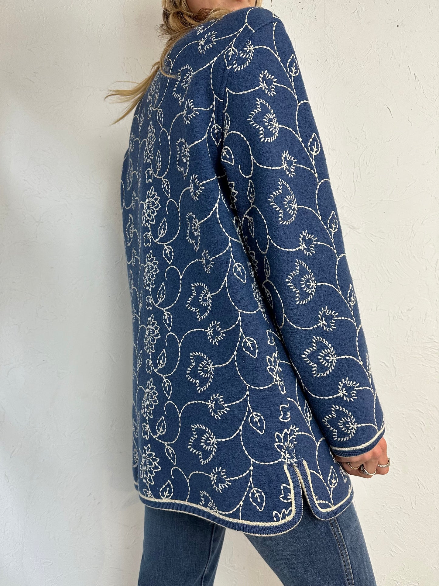 90s 'Geiger' Blue Wool Embroidered Jacket / Medium