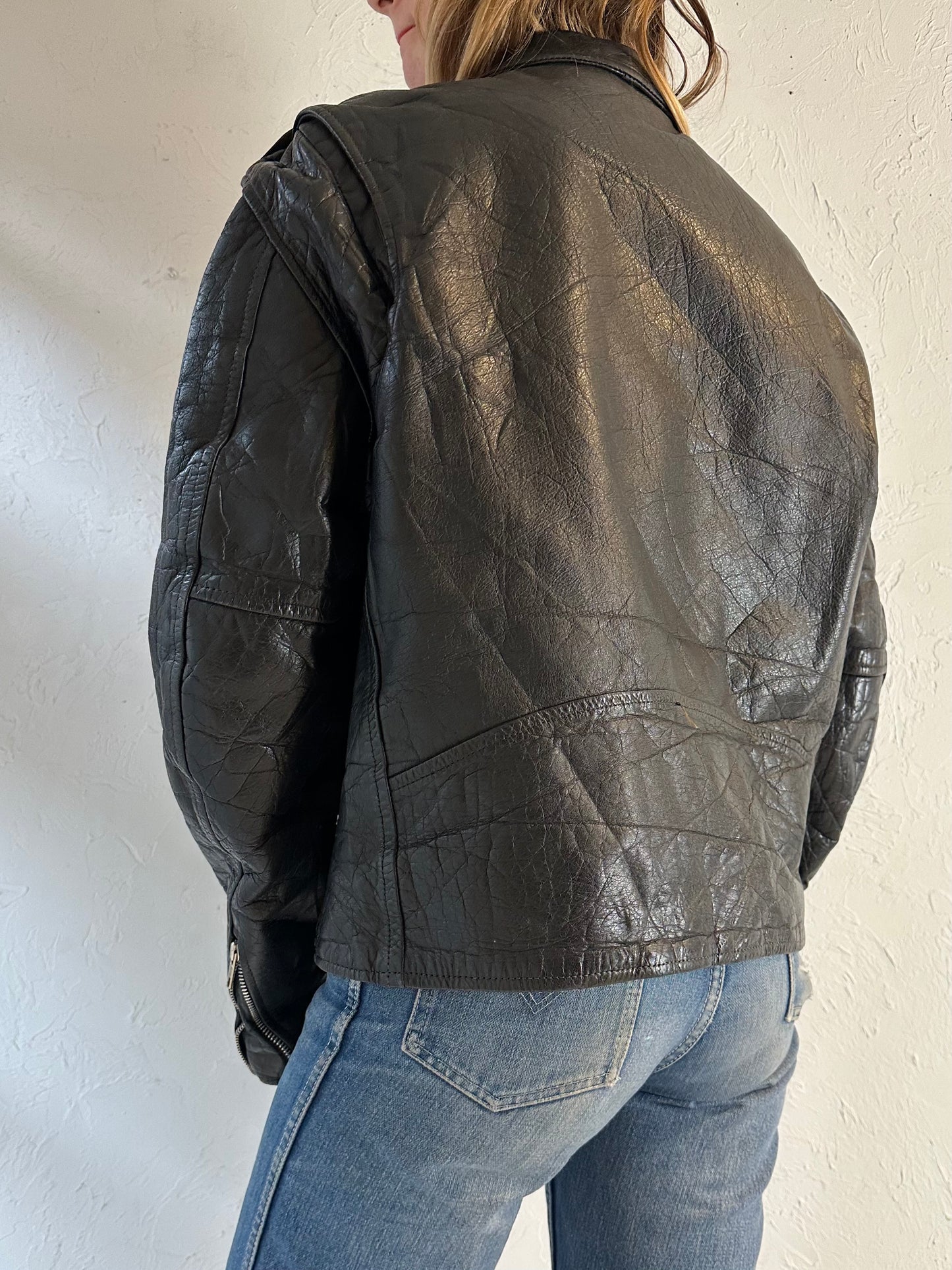 90s ‘First’ Heavy Duty Black Leather Jacket / Large