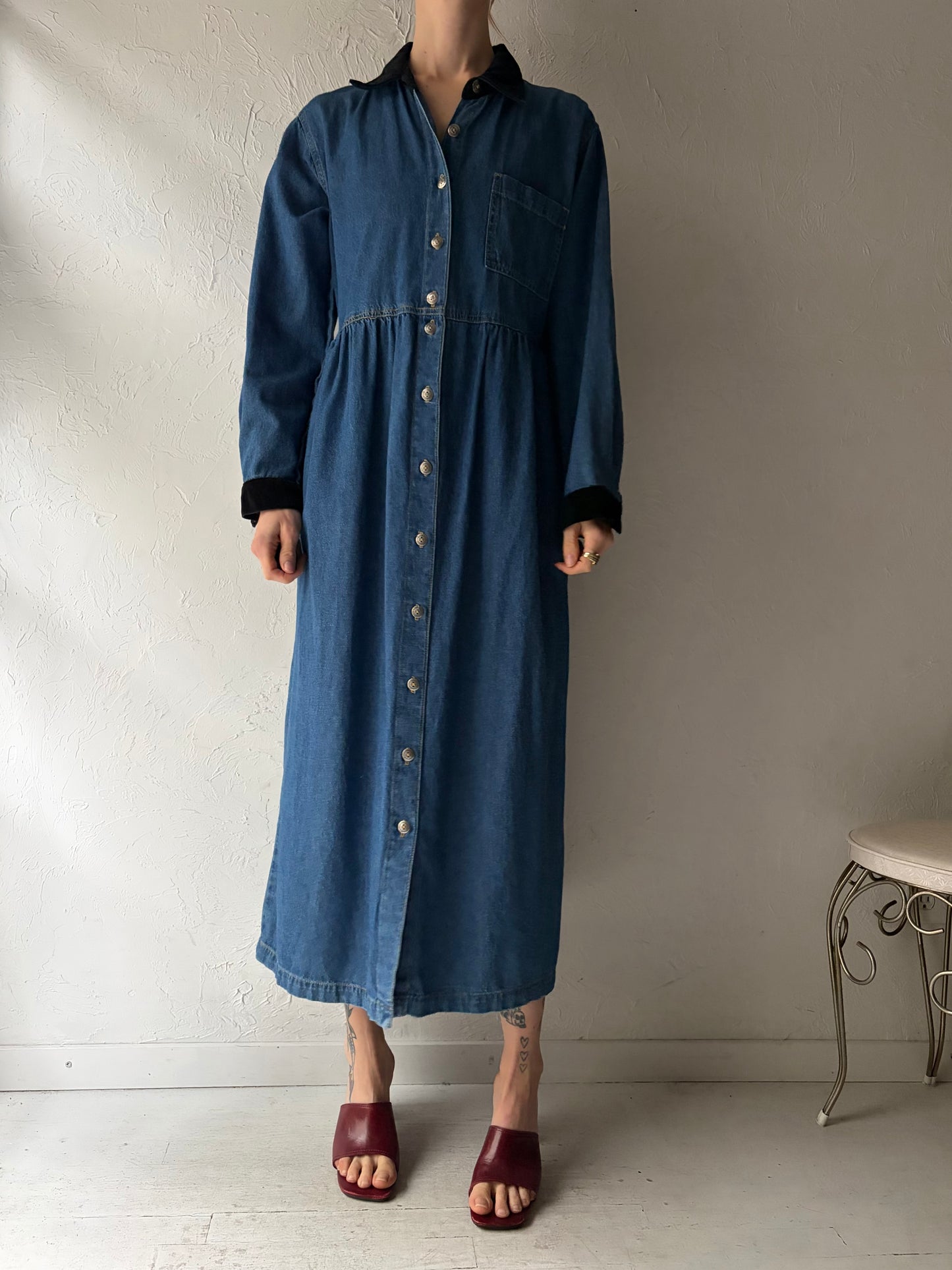90s ‘Match’ Long Sleeve Denim Dress / Medium