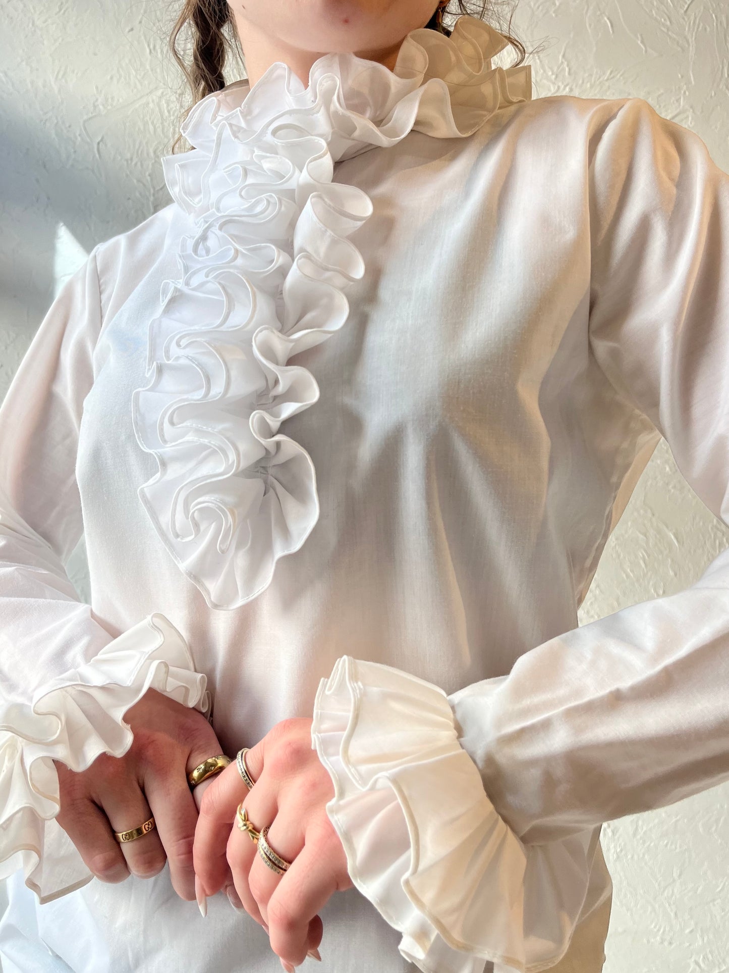 70s 'Ben Rose' White Ruffle Blouse / Union Made / Small