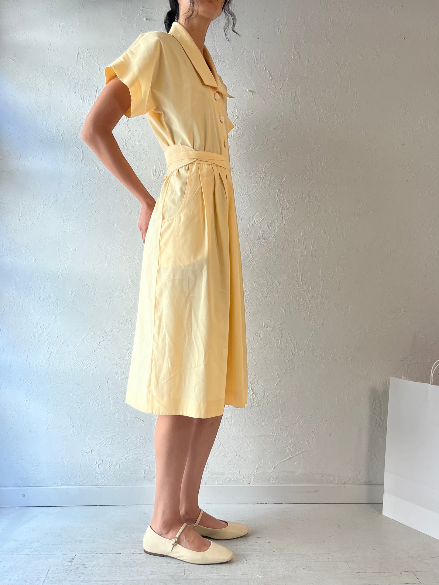 70s 'Leslie Fay' Pale Yellow Button Up Dress / Union Made / Medium