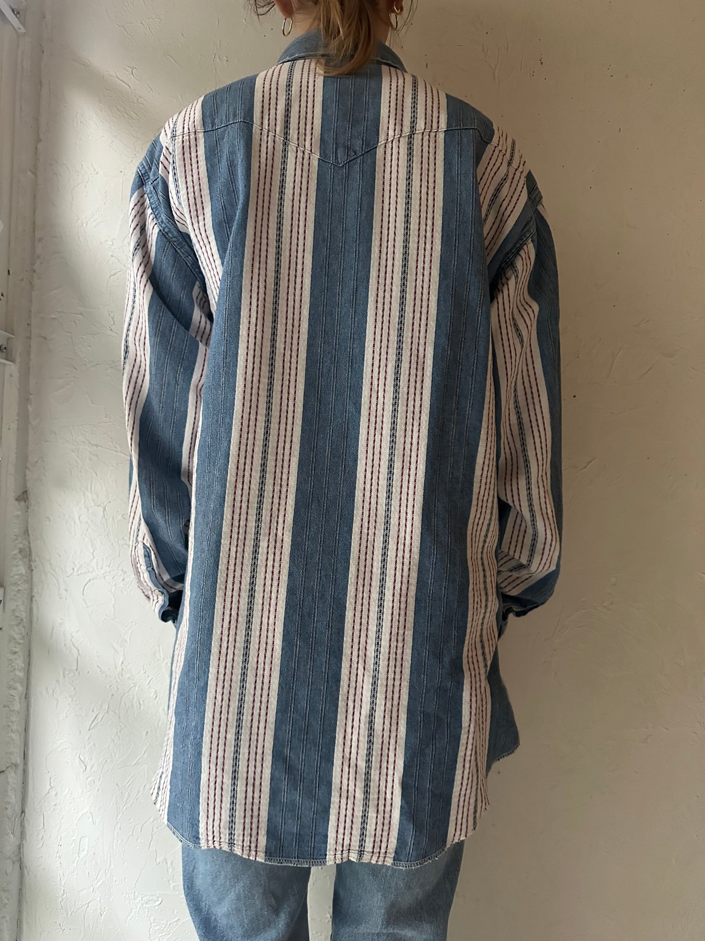 90s 'Wrangler' Striped Pearl Snap Wester Shirt / Large