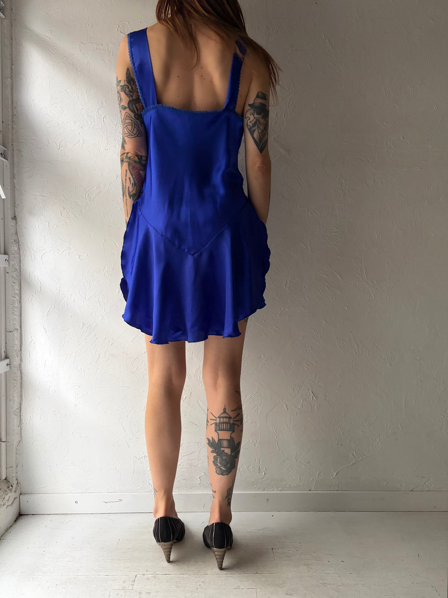 90s 'Ashley Taylor' Vintage Romantic Blue Lingerie Slip Mini Dress / Medium