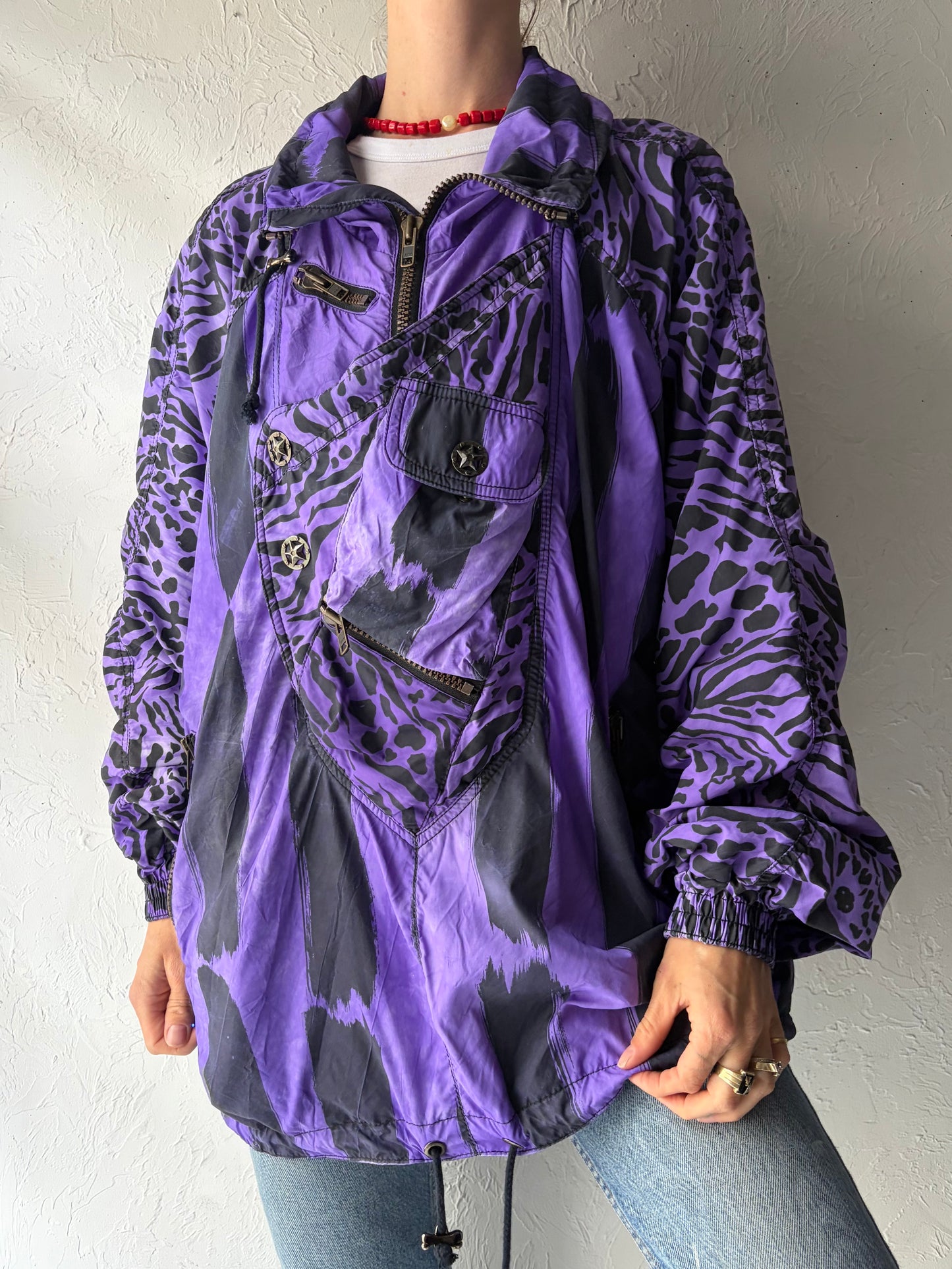 90s 'Dress the Bone' Purple Retro Bold Grunge Animal Print Pull Over Ski Jacket / Large