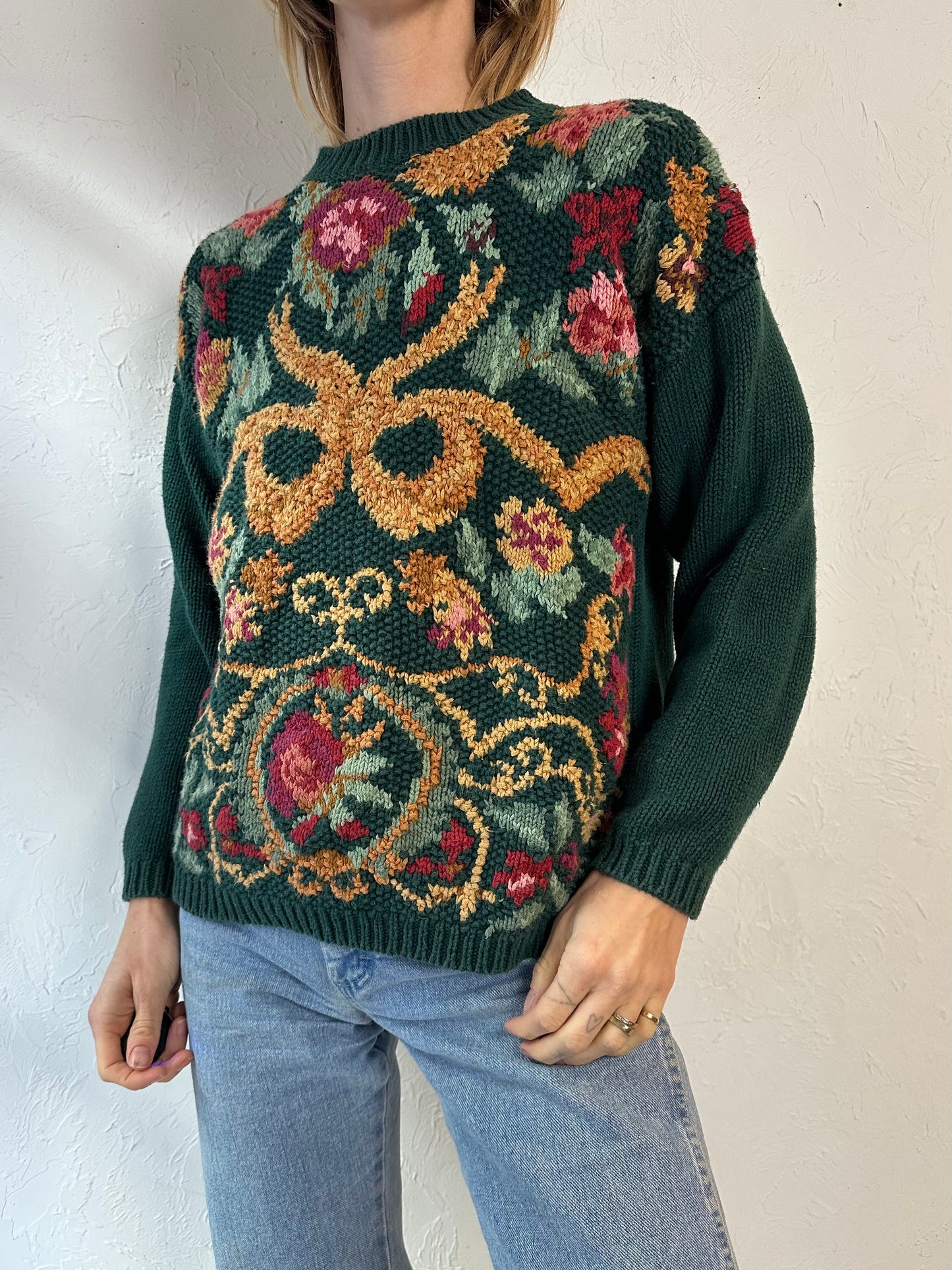 Y2K 'Rachel Max' Green Floral Knit Sweater / Medium