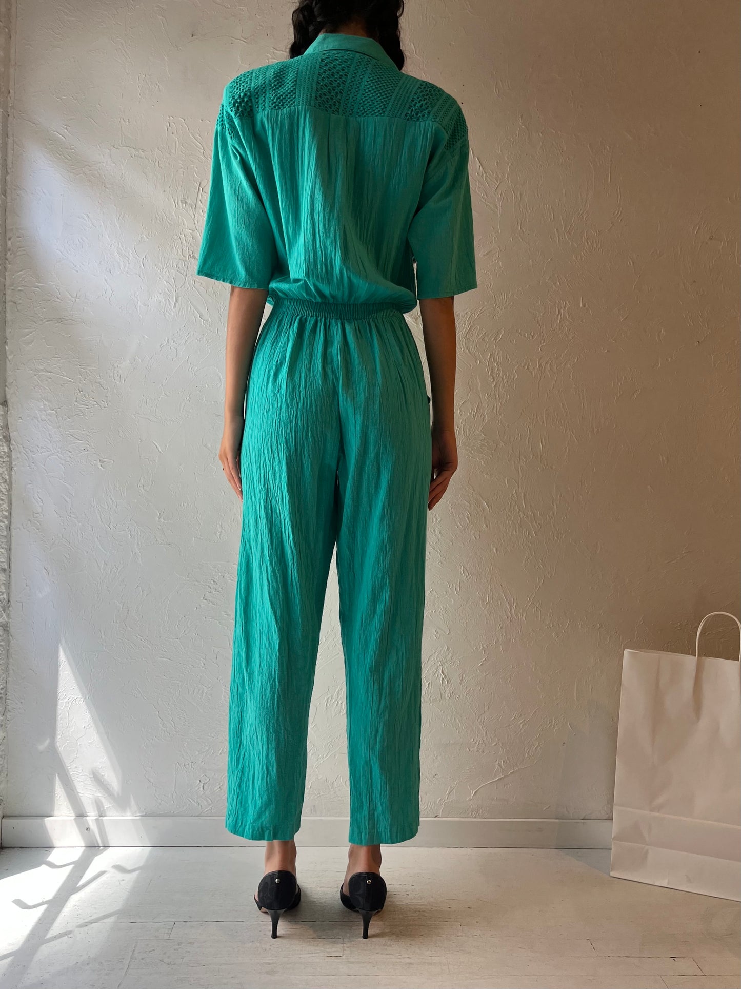 90s ‘Sea Suns’ Teal Collared Jumpsuit / Medium