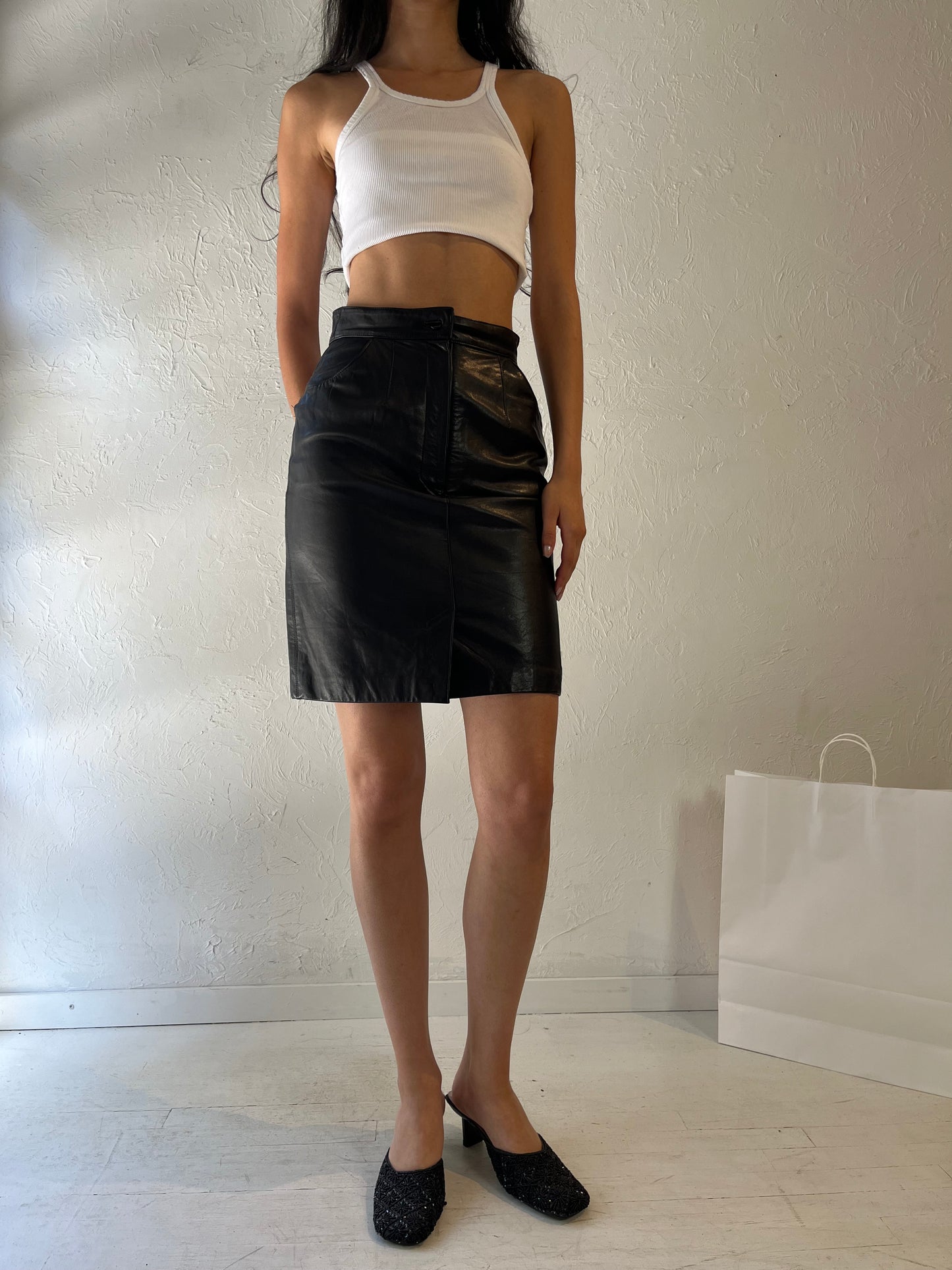 Vintage Black Leather Mini Skirt / Small