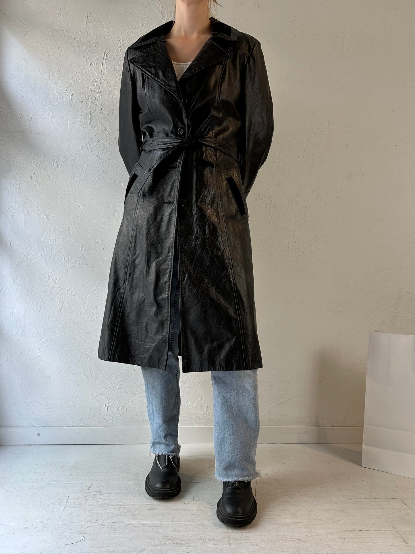 Vintage Black Leather Trench Coat / Medium