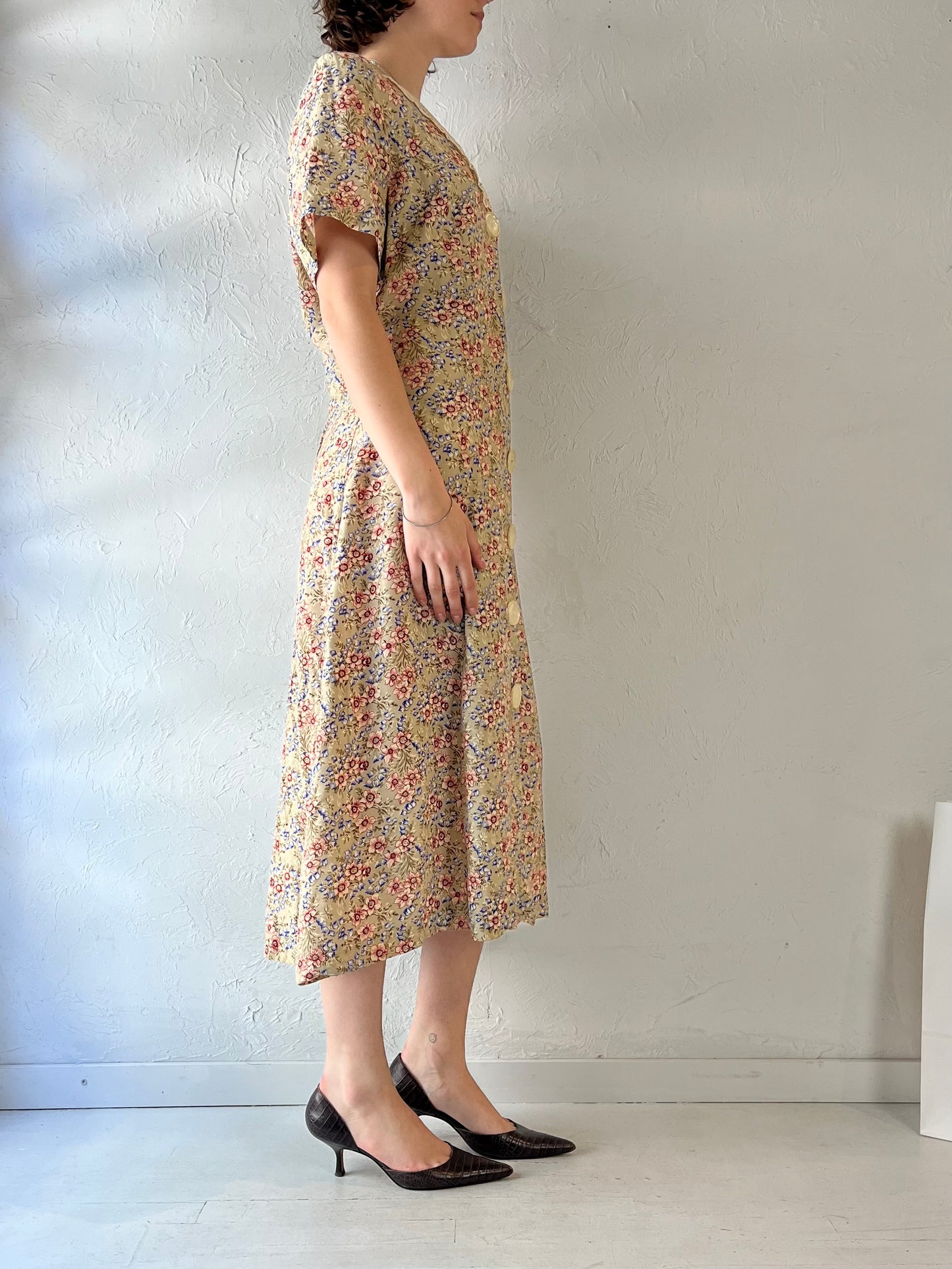 90s Beige Floral Print Rayon Dress / Large