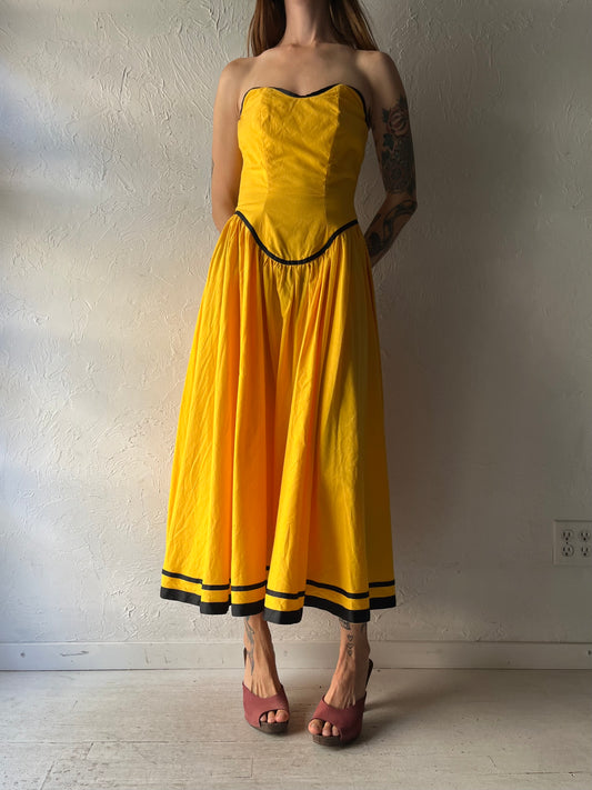 80s 'Edie Johne' Yellow Strapless Garden Party Vintage Cottagecore Romantic Midi Dress / Small