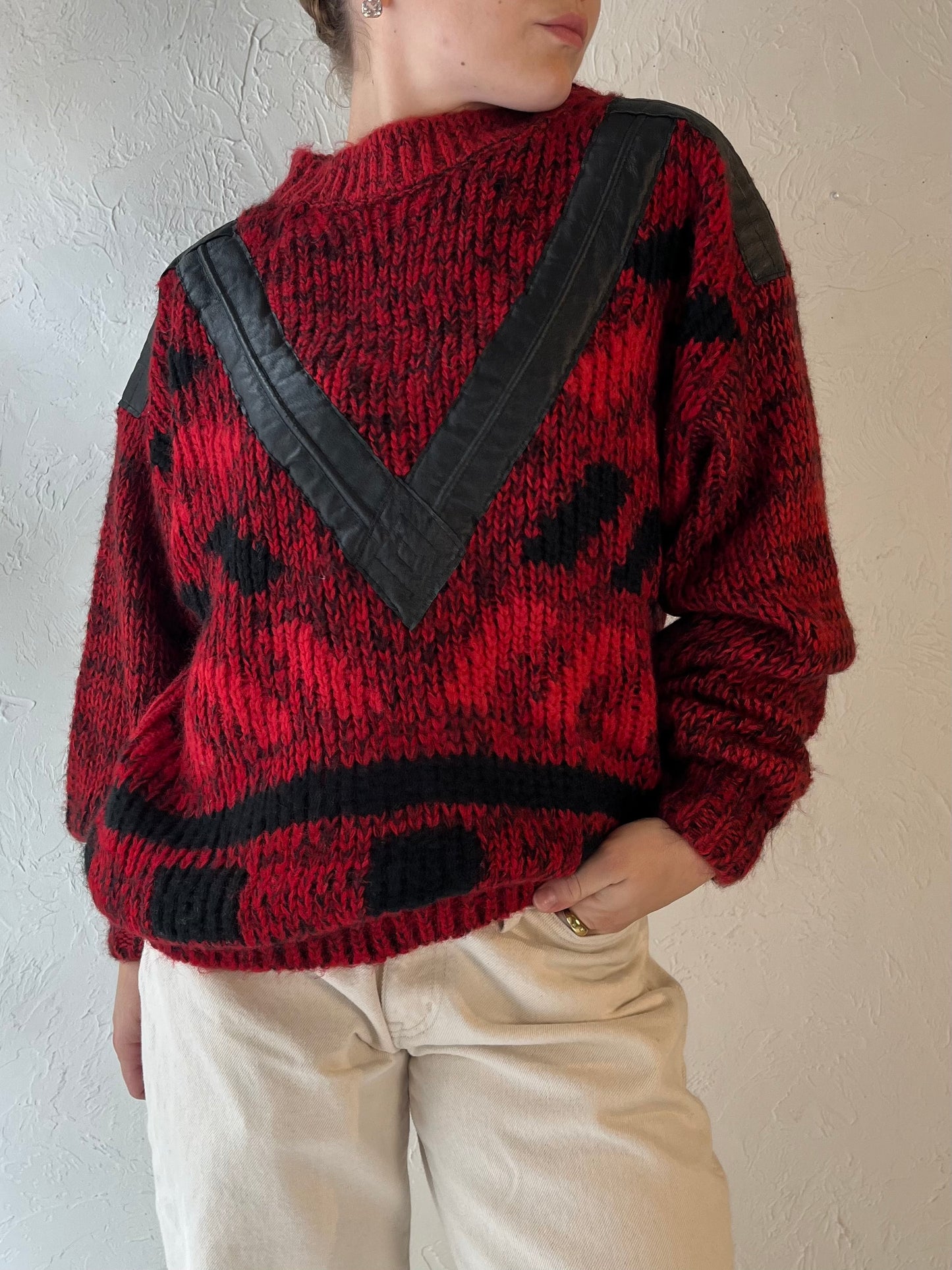 90s 'Front Line' Red Acrylic Knit Sweater / Medium