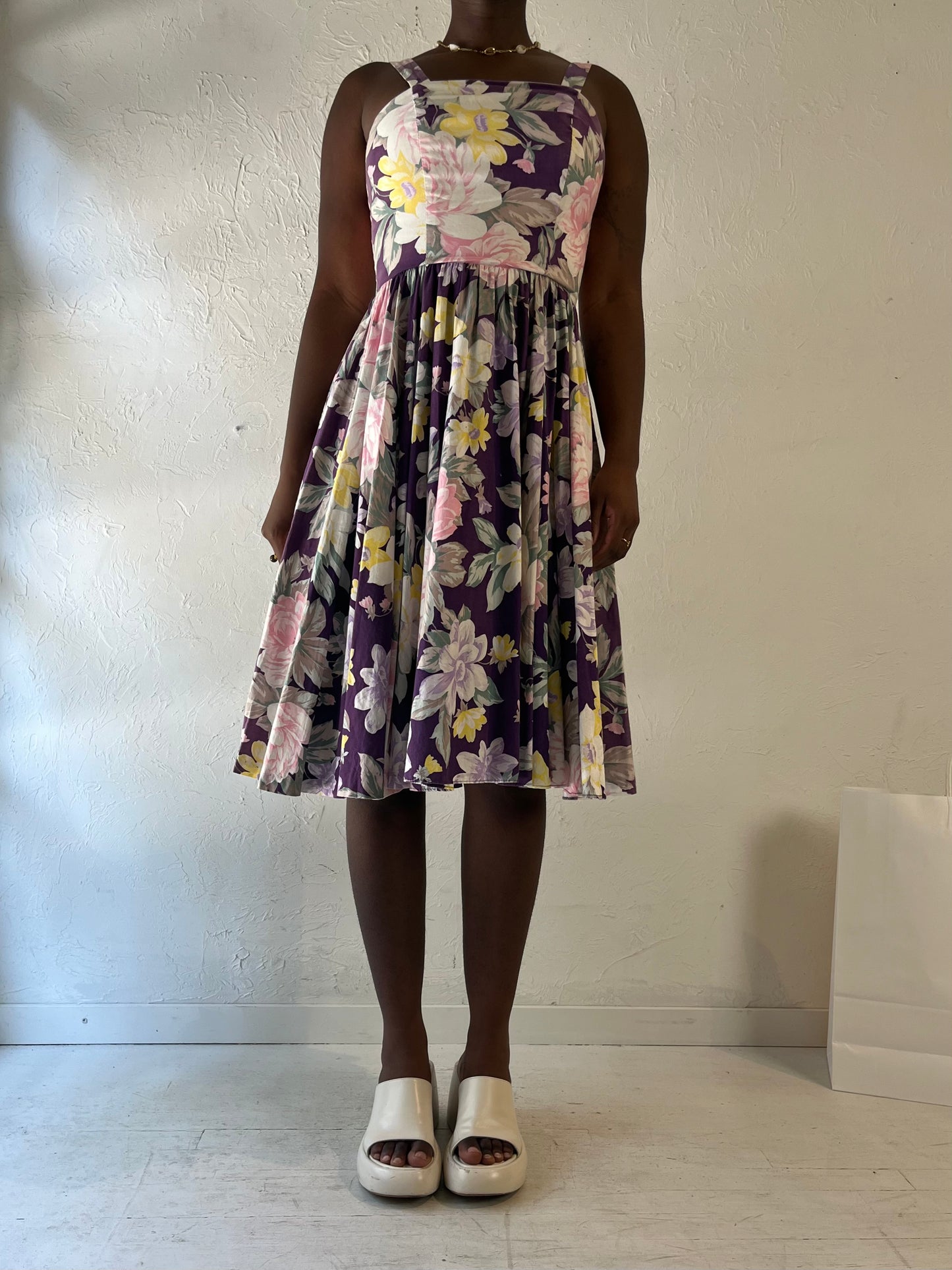 90s 'Lori Ann' Purple Floral Print Cotton Midi Dress / Medium