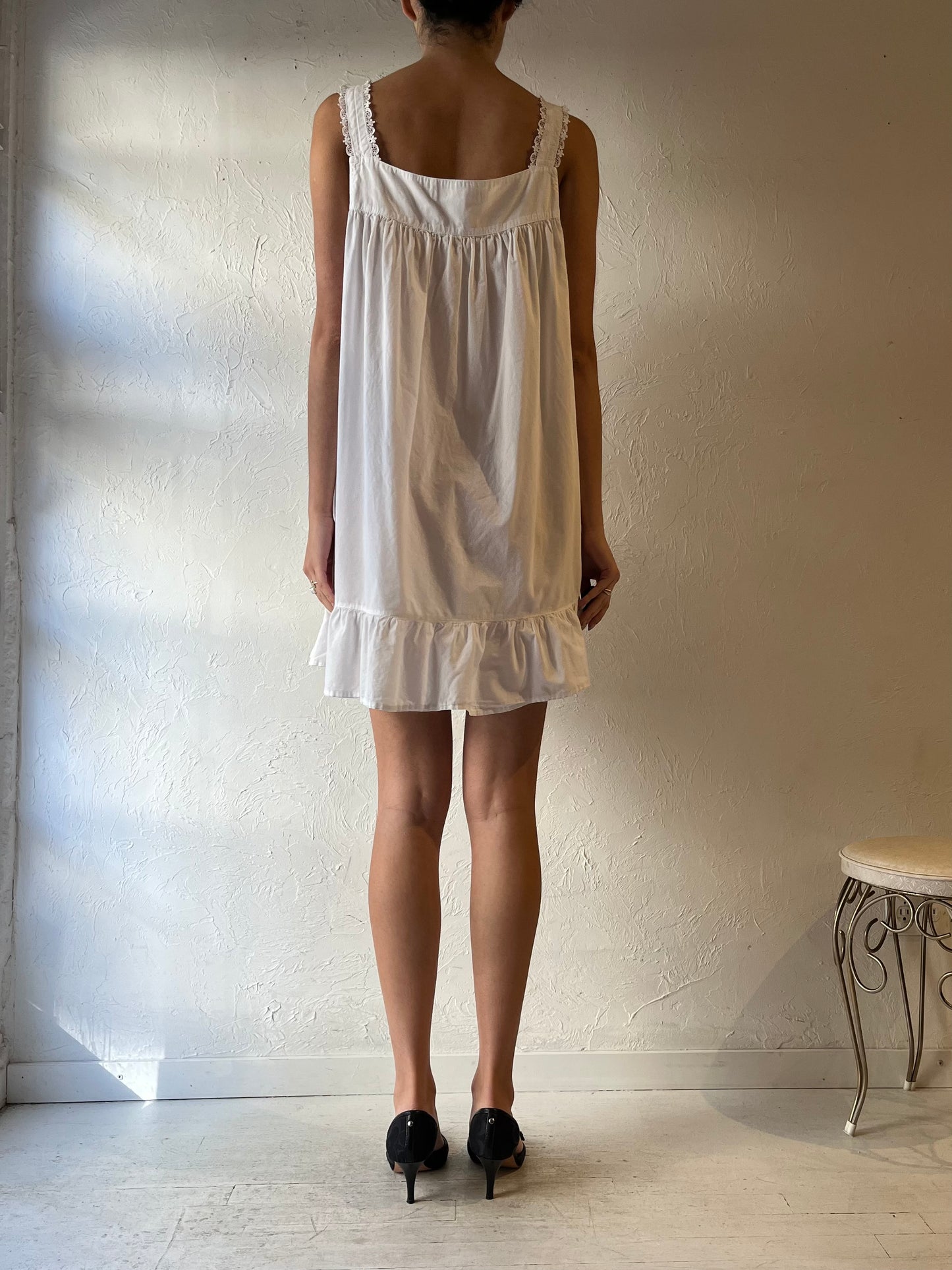 90s ‘Eileen West’ White Cotton Mini Dress / Large