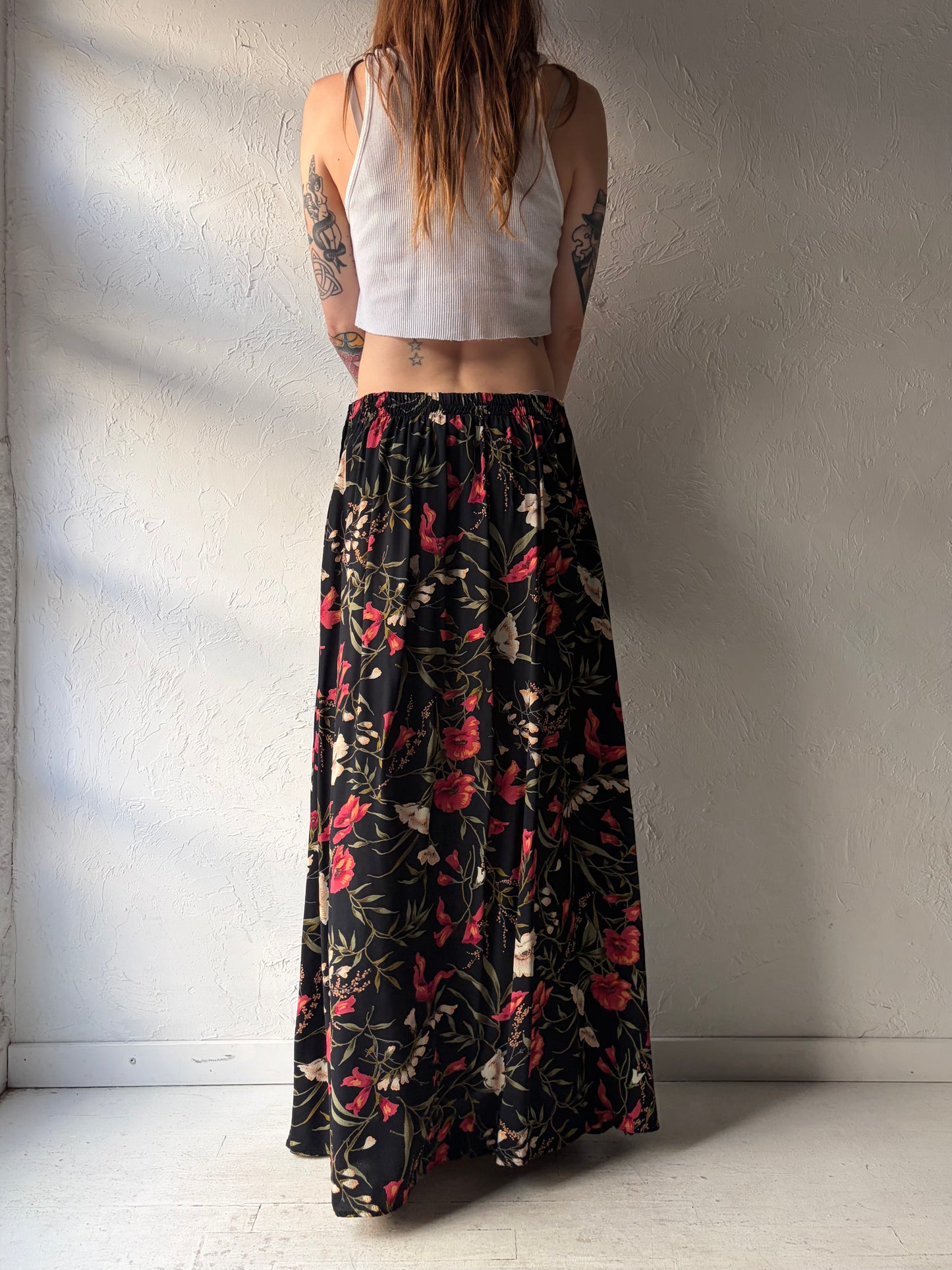 90s 'Sareet' Black Floral Print Grunge Maxi Skirt / Large