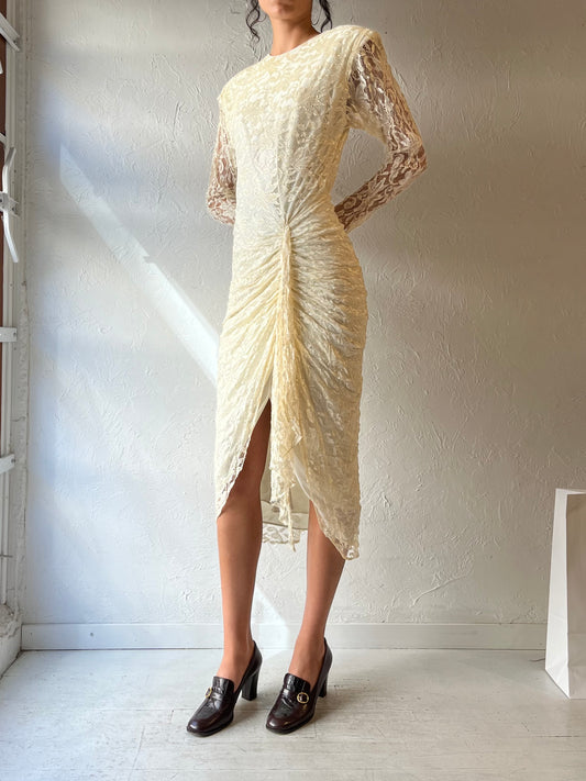 80s 'Night Moves' Cream Lace Formal Dress / Small