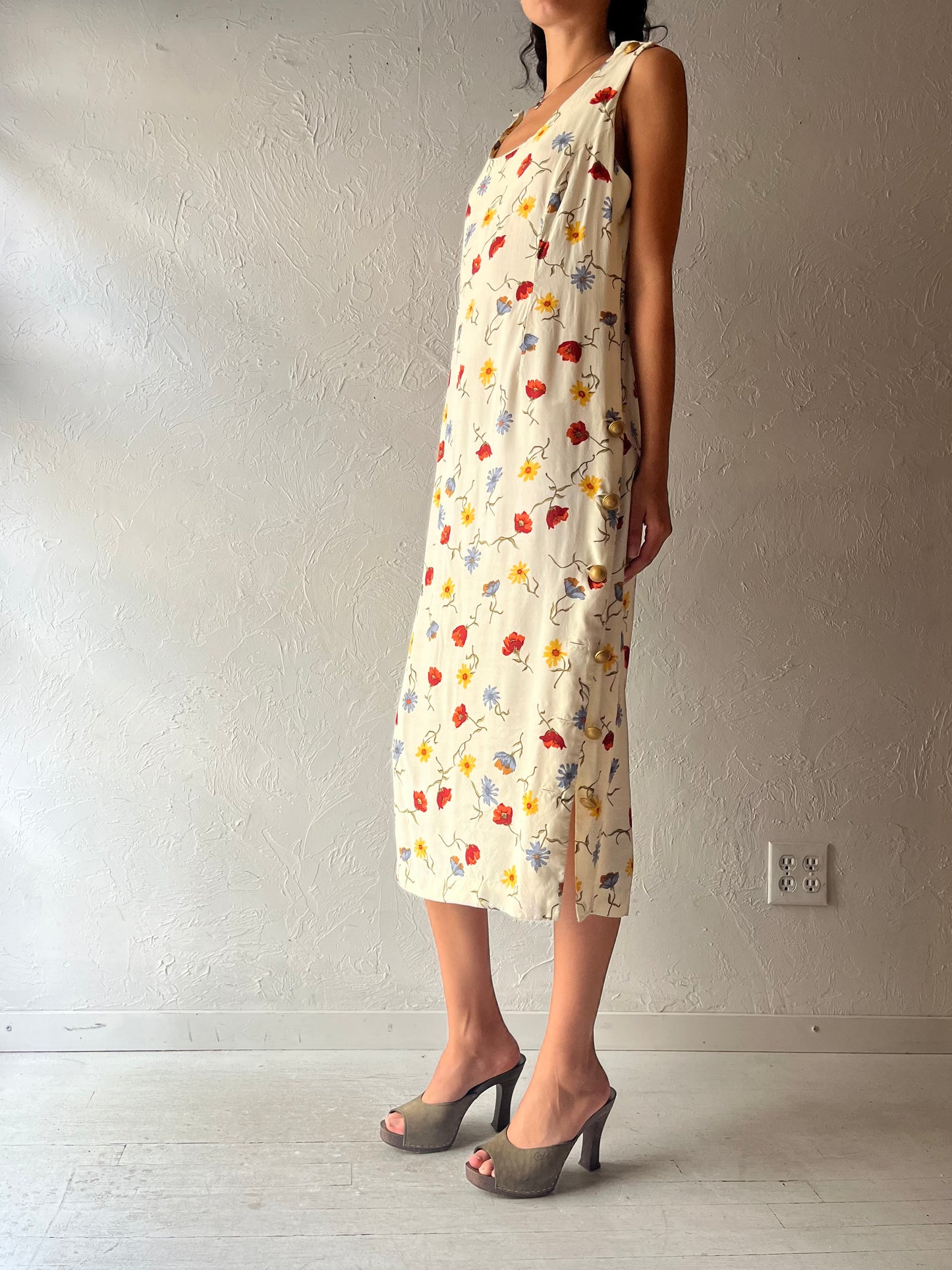 90s 'Willys New York' Pale Yellow Floral Midi Dress / Large