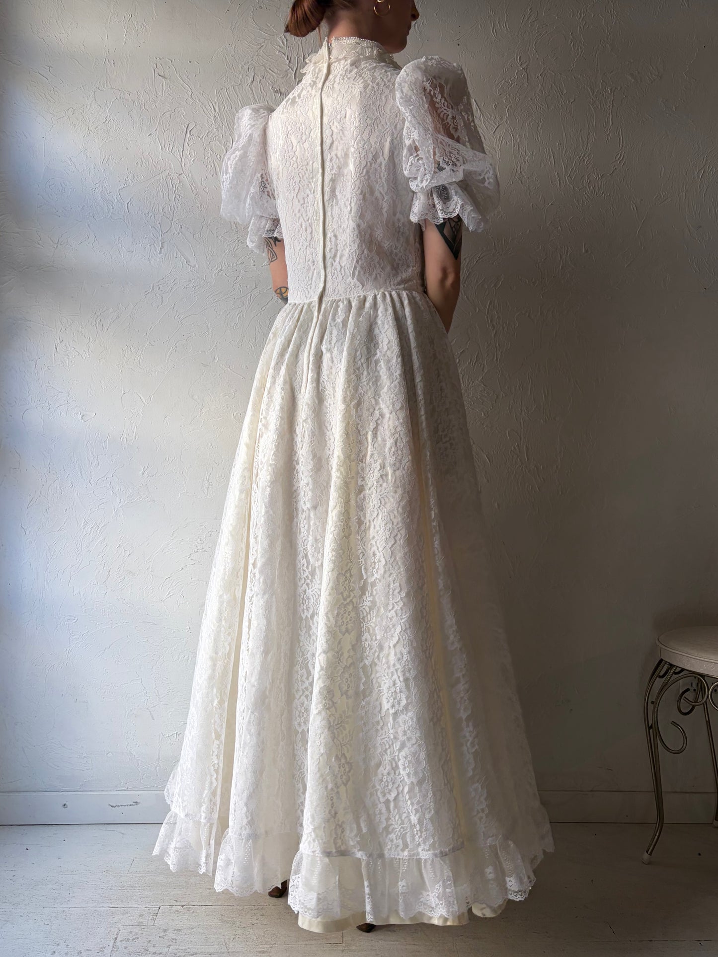 80s 'Gunne Sax' White Lace Puff Sleeve Wedding Dress / Medium