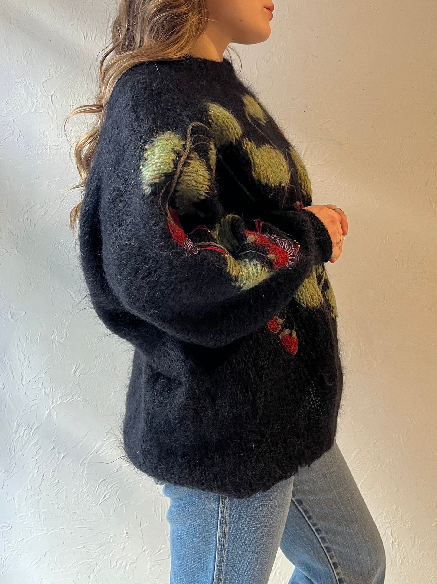 90s 'Chapys' Black Wool Floral Knit Sweater / Medium