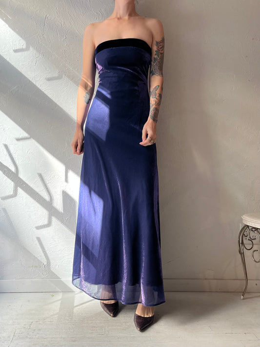 90s 'Jump' Formal Matallic Purple Strapless Maxi Dress / Small