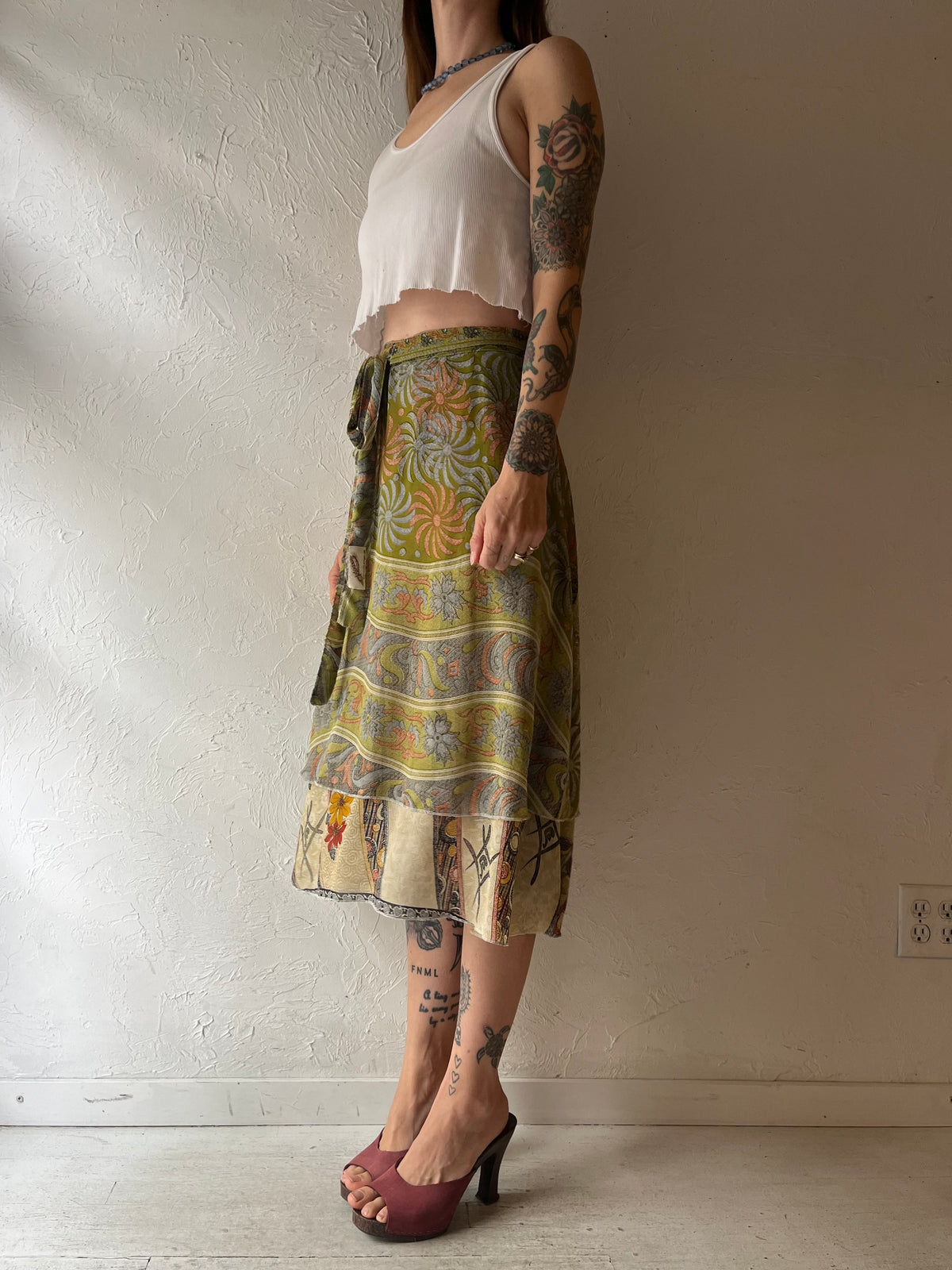 Vintage Y2k Green Floral Silk Hippie Boho Fairycore Wrap Summer Midi Skirt / Small - Medium