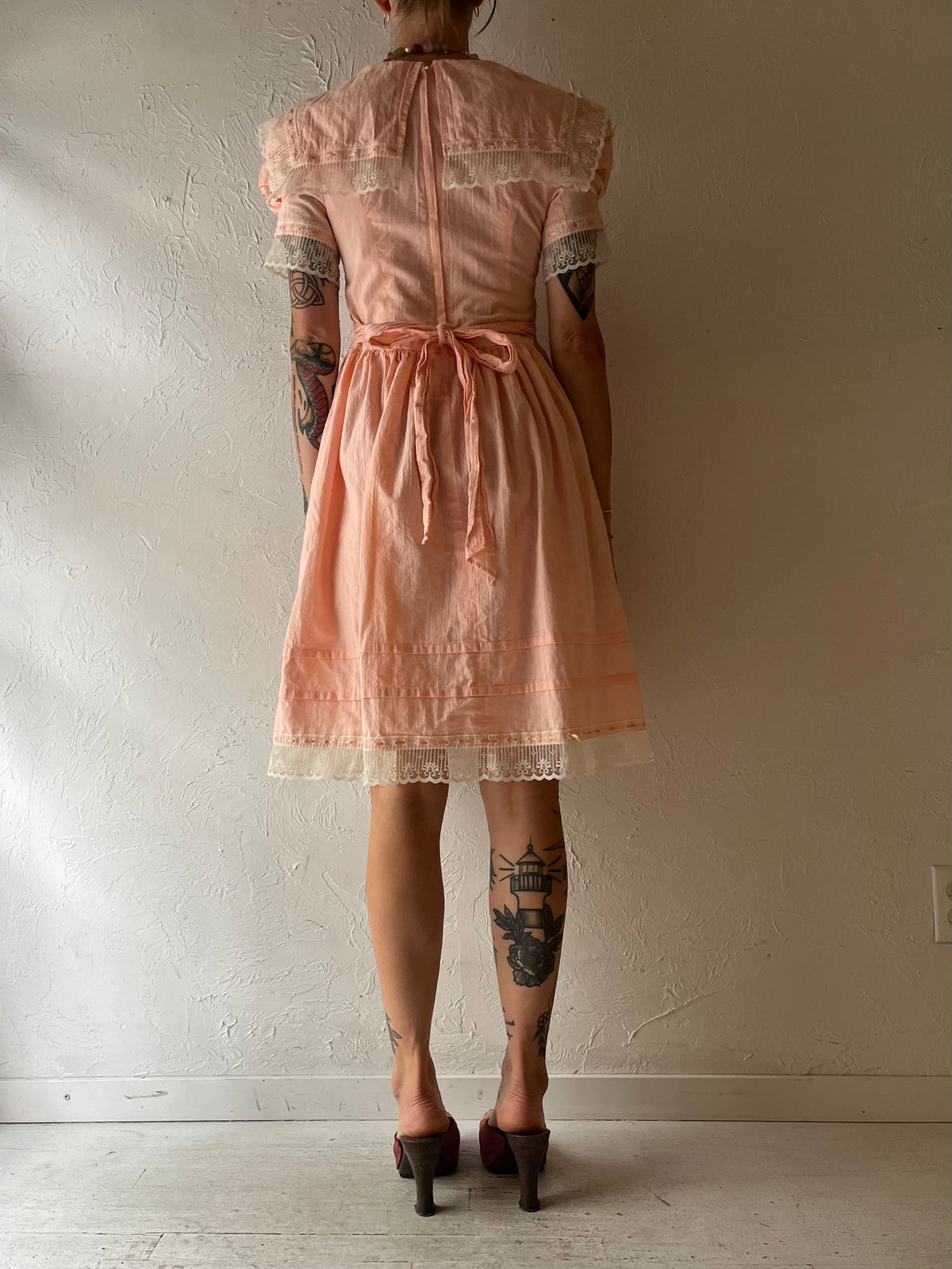 60s Pink Lace Retro Sailor Style Dress / Small