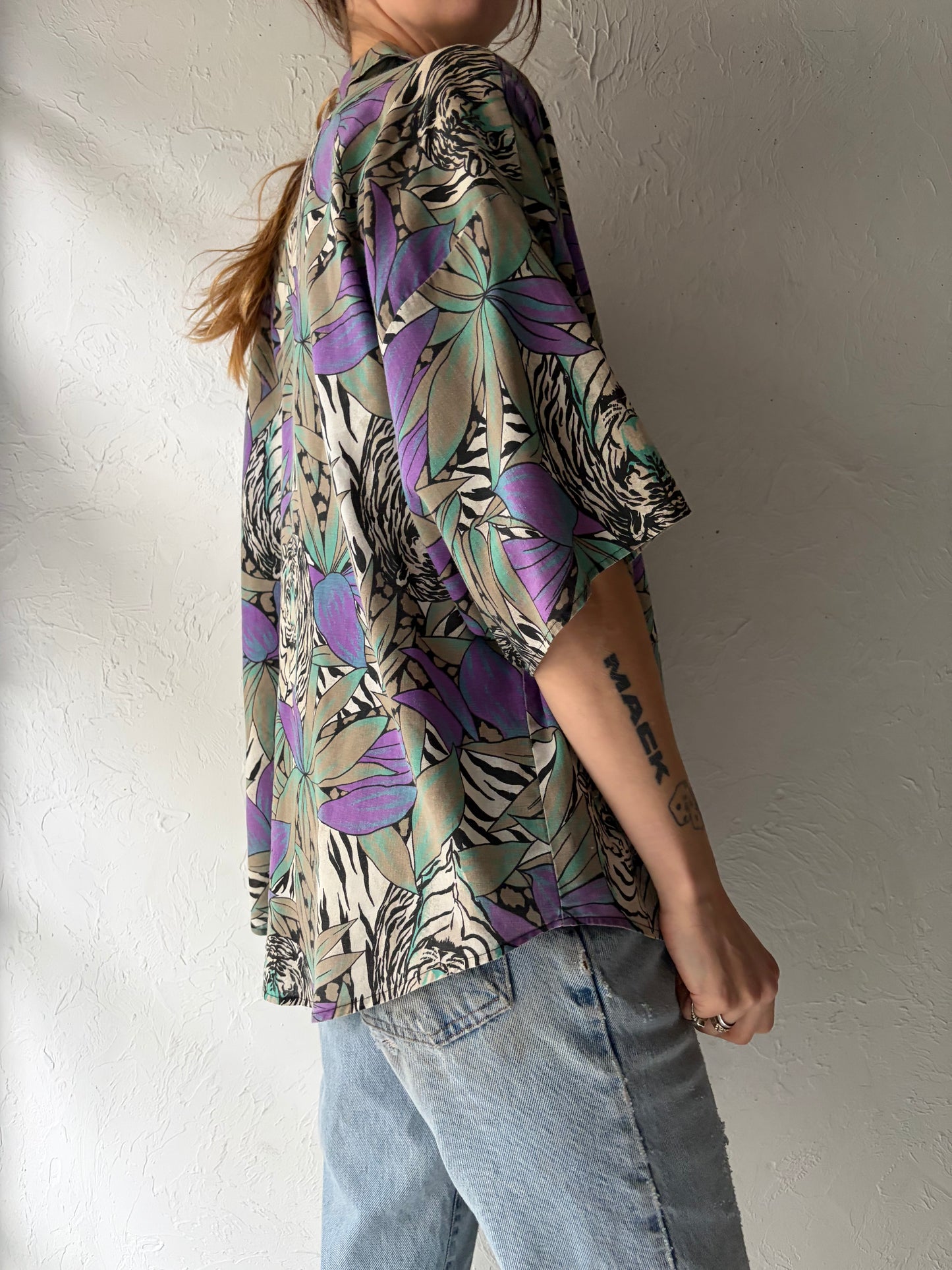 90s 'Caribou' Tiger Print Shirt / Medium