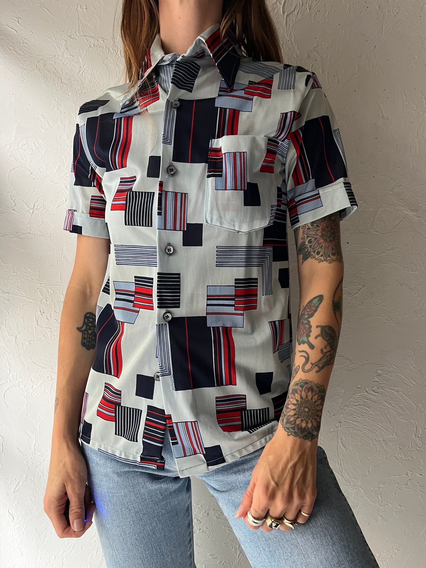 70s 'Sears' Silky Nylon Retro Patterned Shirt / Small