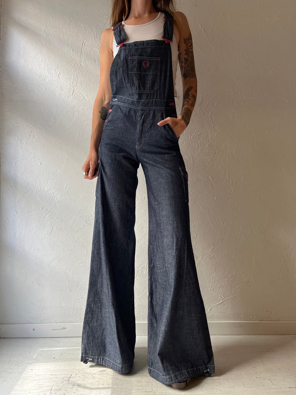 Y2K Dark Wash Denim Utility Grungecore Wide Leg Overalls / Small