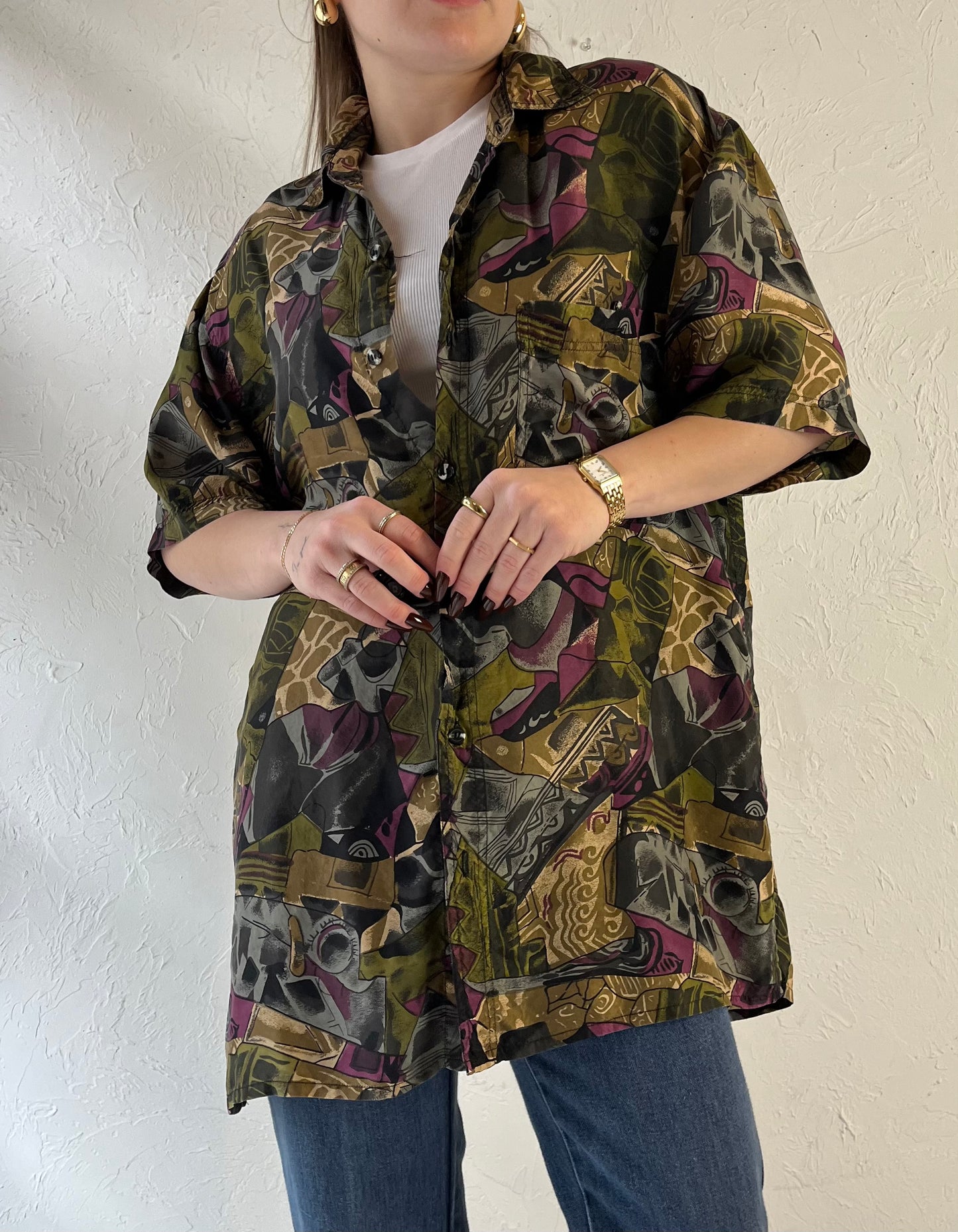 90s ‘Setosa’ Oversized Patterned Silk Blouse / Small