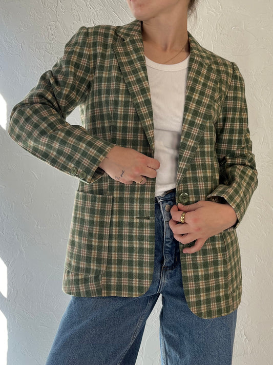 Vintage Green Plaid Knit Blazer Jacket / Small