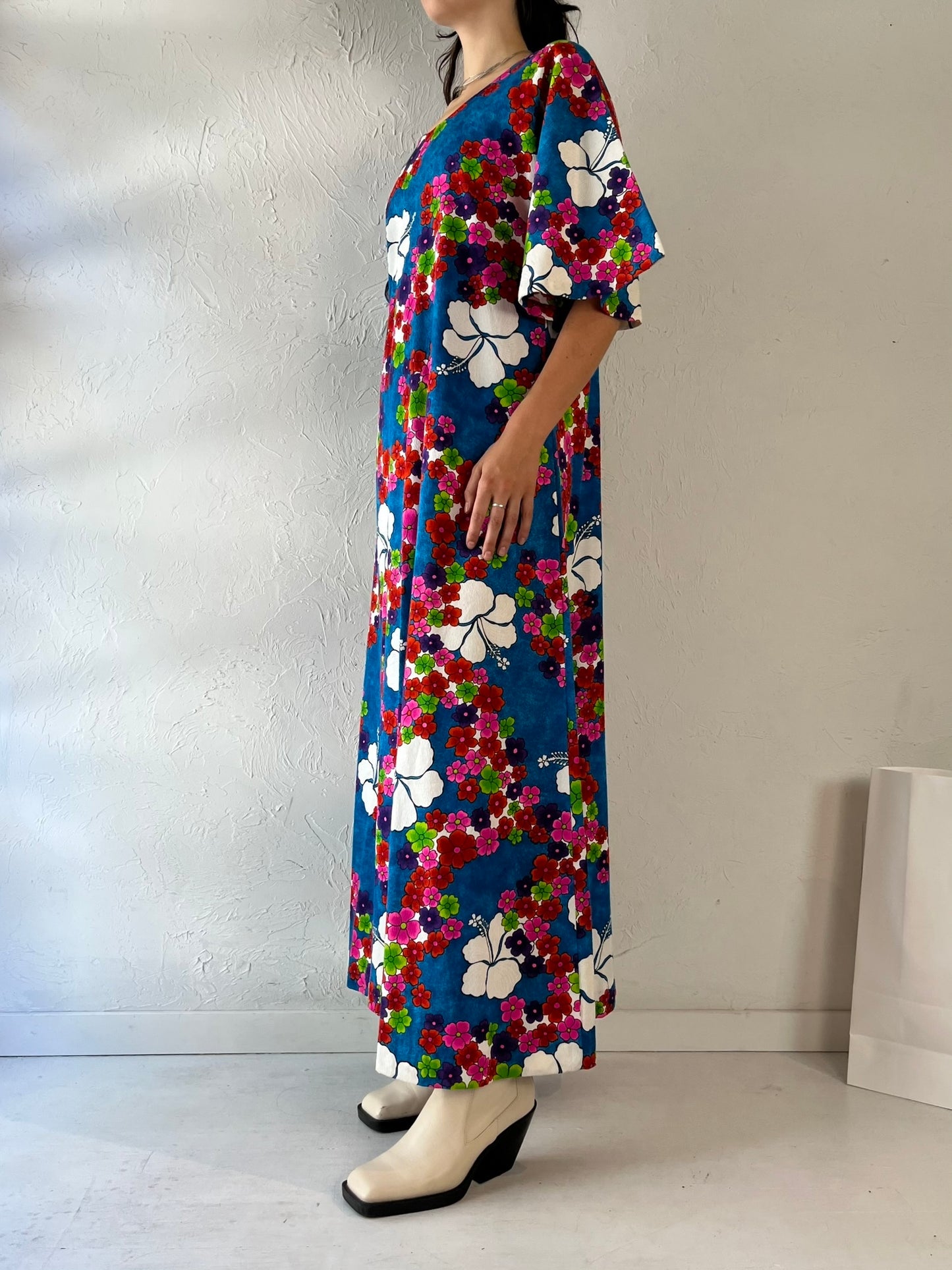 70s 'Hilo Hattie' Floral Print Cotton Maxi Dress / Medium