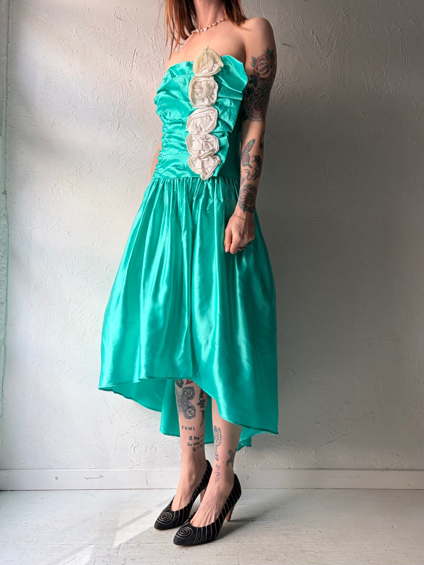 80s ‘Gunne Sax’ Green Asymmetrical Hem Formal Strapless Prom Dress / Small - Medium