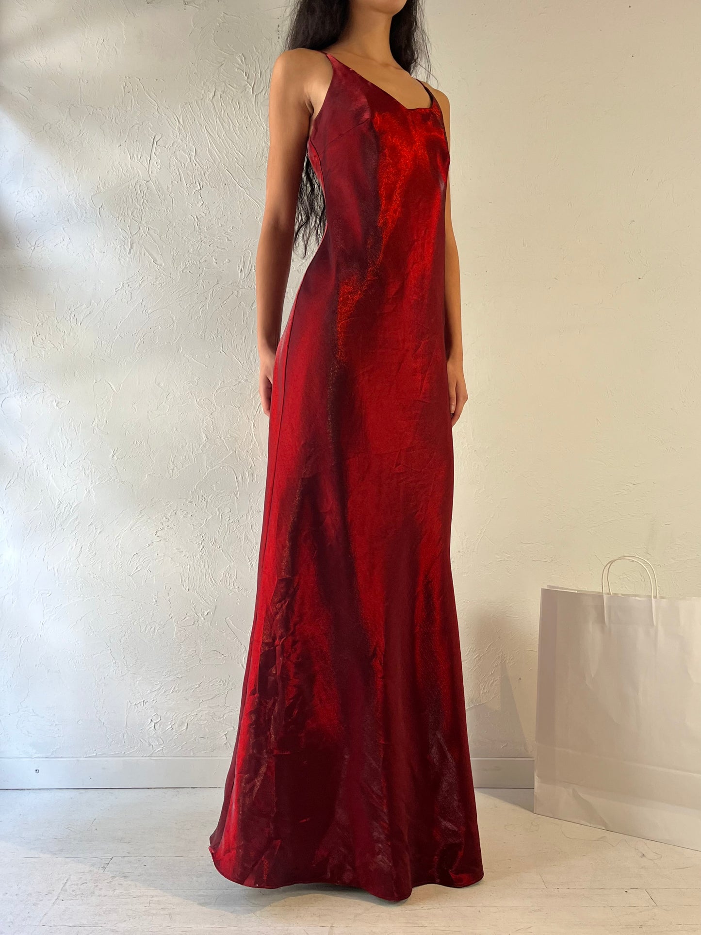 90s 'Jessica' Long Red Shiny Dress Gown / Medium